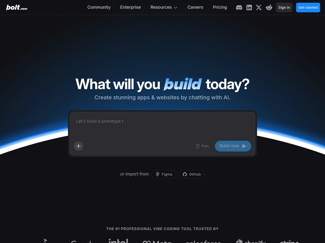 The image shows a dark-themed interface titled "What will you build today?", featuring a text input for creating apps and websites using AI, emphasized by the terms "bolt", "vibe coding", and "code generator".