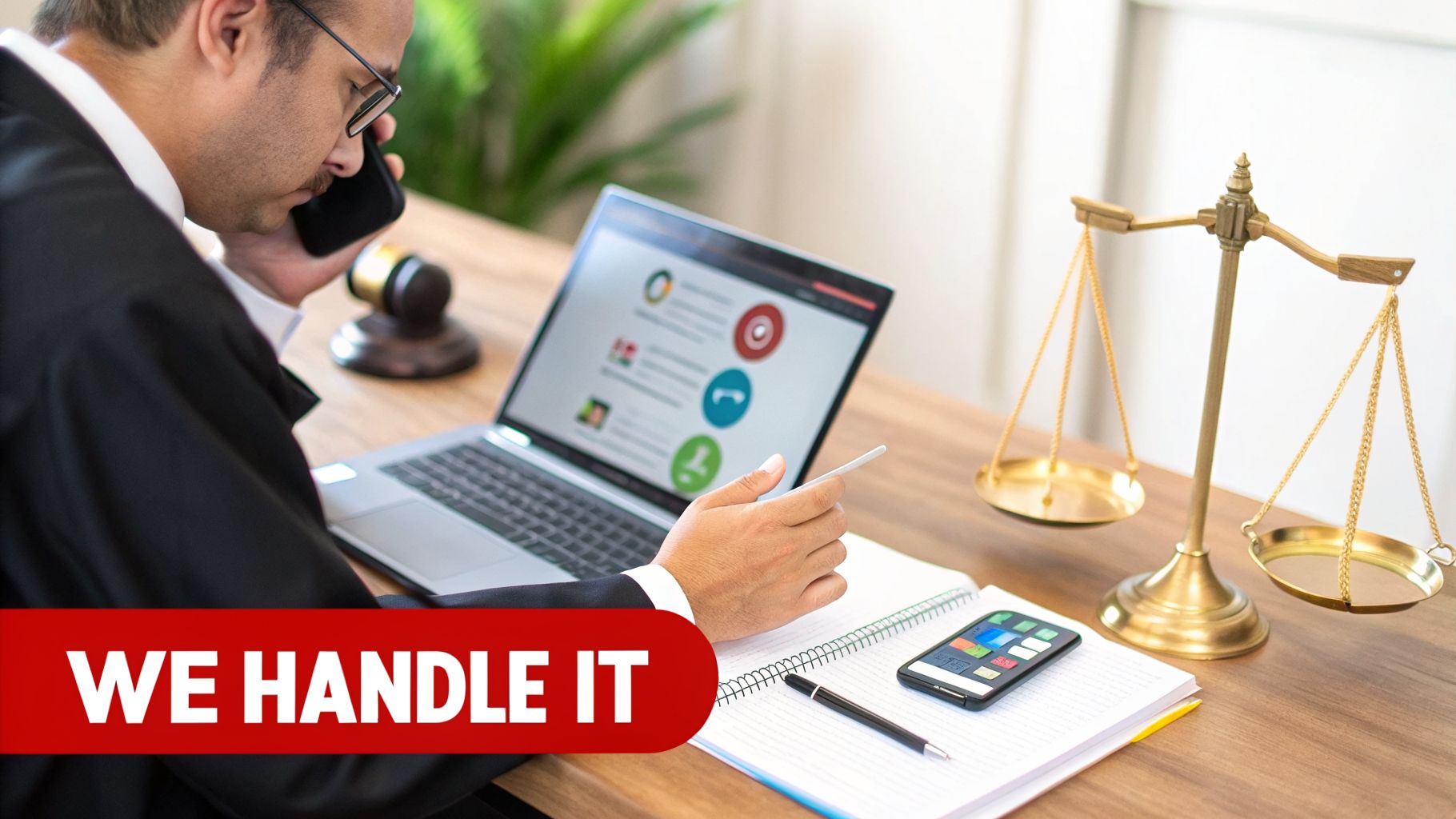 Lawyer in a robe talking on phone at a desk with laptop, gavel, and scales of justice.