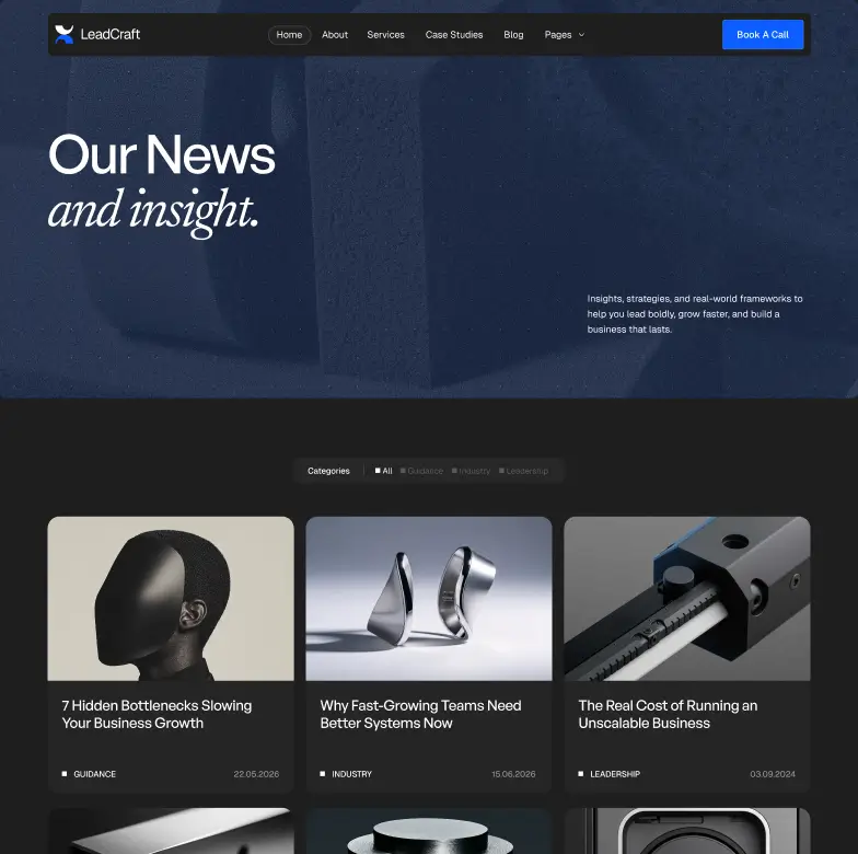 LeadCraft website news page with articles on business growth, systems, and running unscalable businesses.