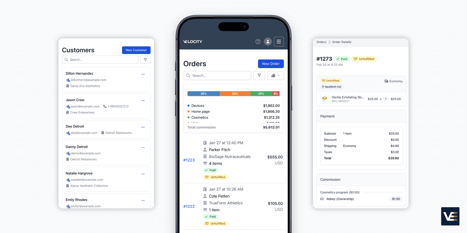 Mobile field sales software interface showing customer accounts and order entry