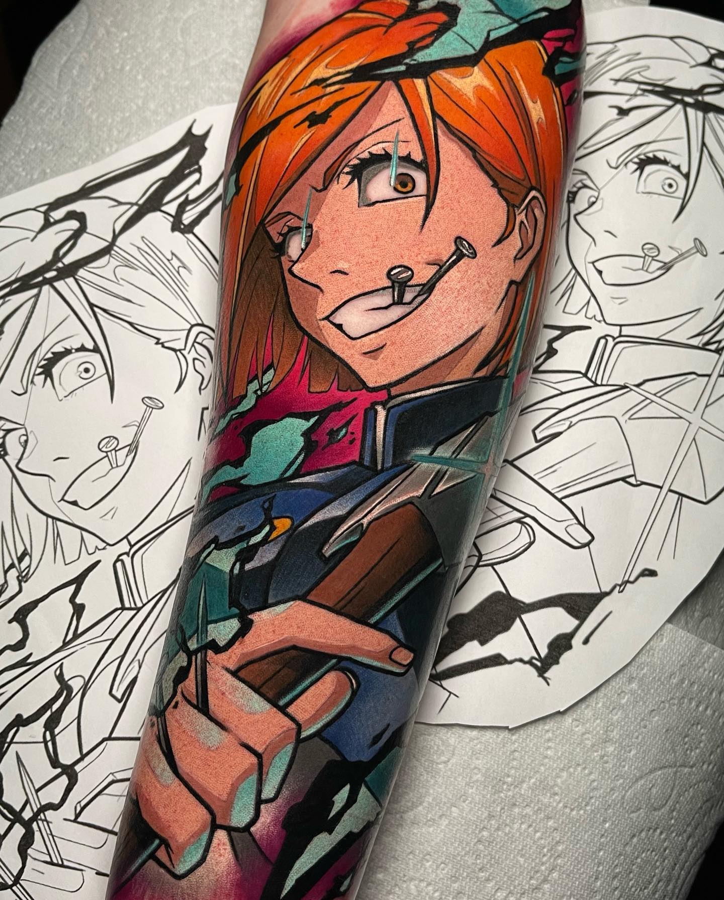 colorful anime tattoo of nobara kugisaki from jujutsu kaisen in wynthall birmingham in england