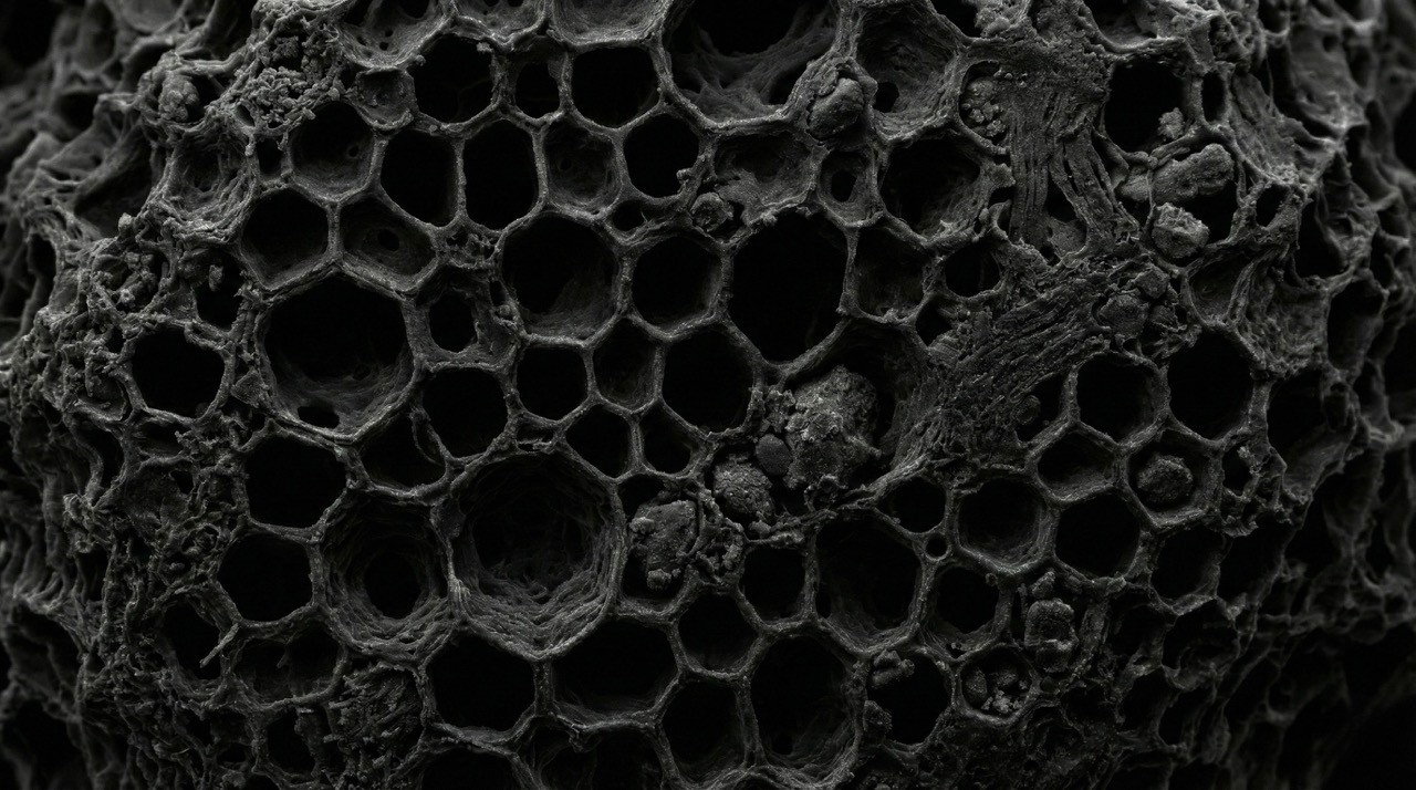 A microscopic view of a porous biocarbon structure rendered in charcoal tones