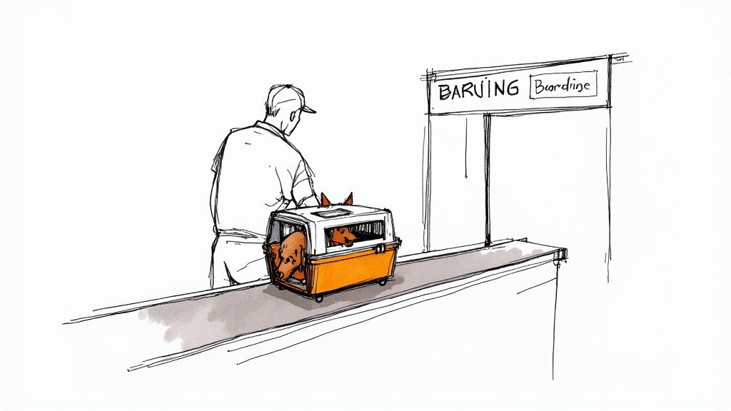 A person and their dog sitting in an airport terminal, waiting to board a flight.