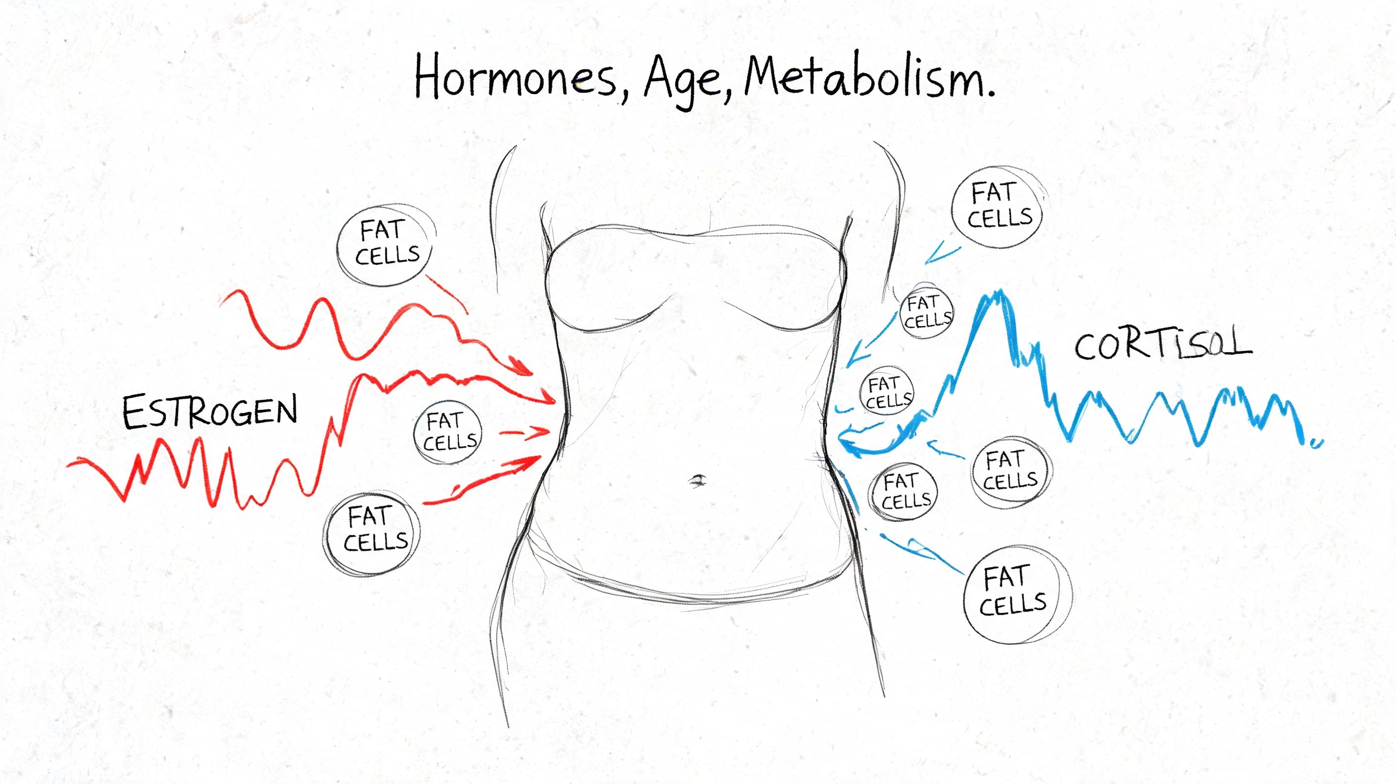 A hand-drawn illustration showing how estrogen and cortisol hormone fluctuations impact belly fat storage in women.