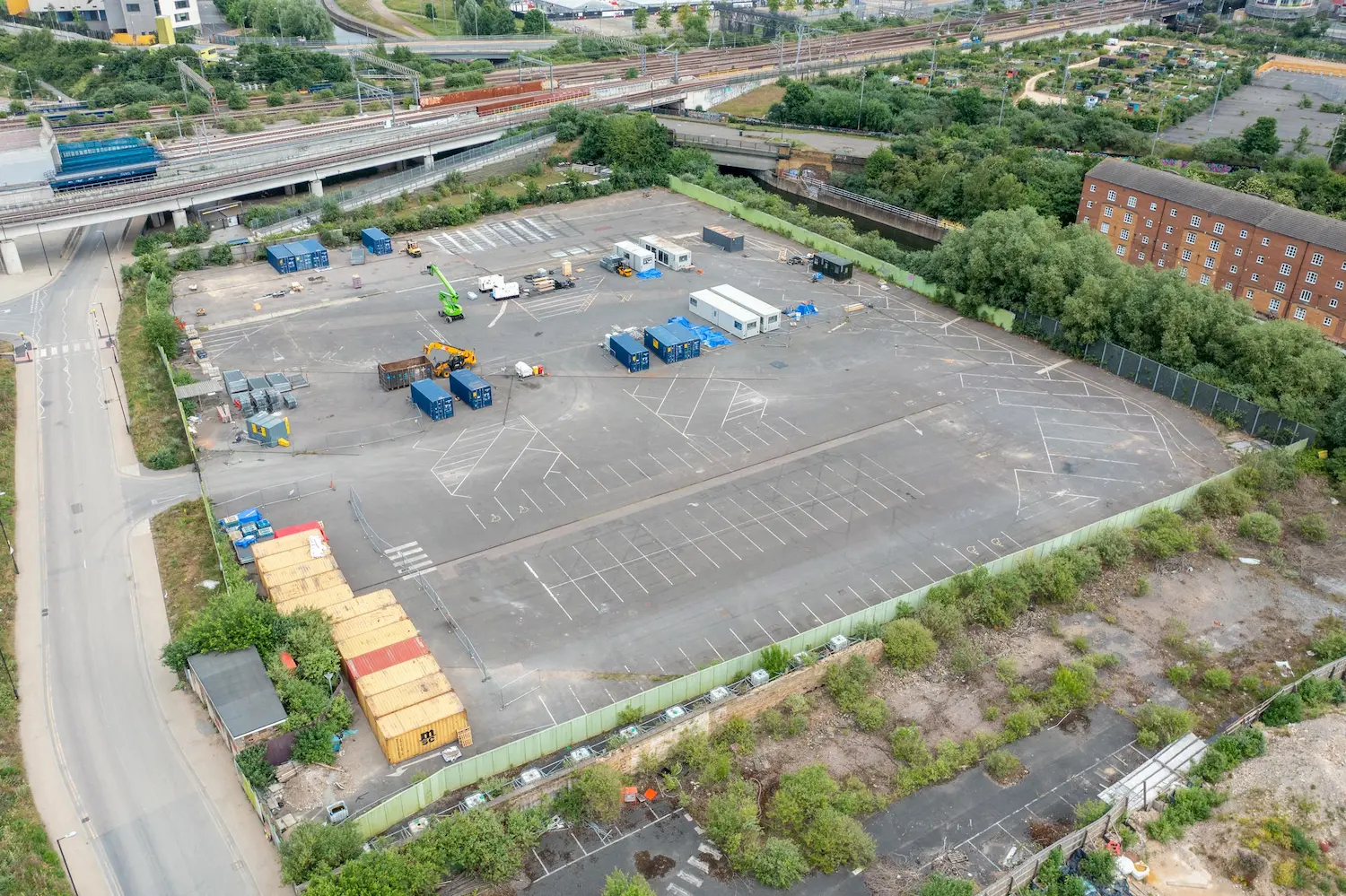 Aerial land survey of a paved logistics yard and containers, supporting an accurate as-built survey of the area