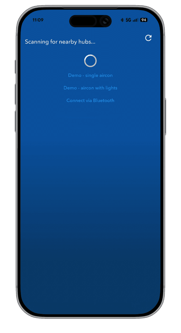 Smartphone displaying the MyPlaceIQ app demo mode, allowing users to preview air conditioning controls, layouts and core features without connecting to a physical MyPlaceIQ system.