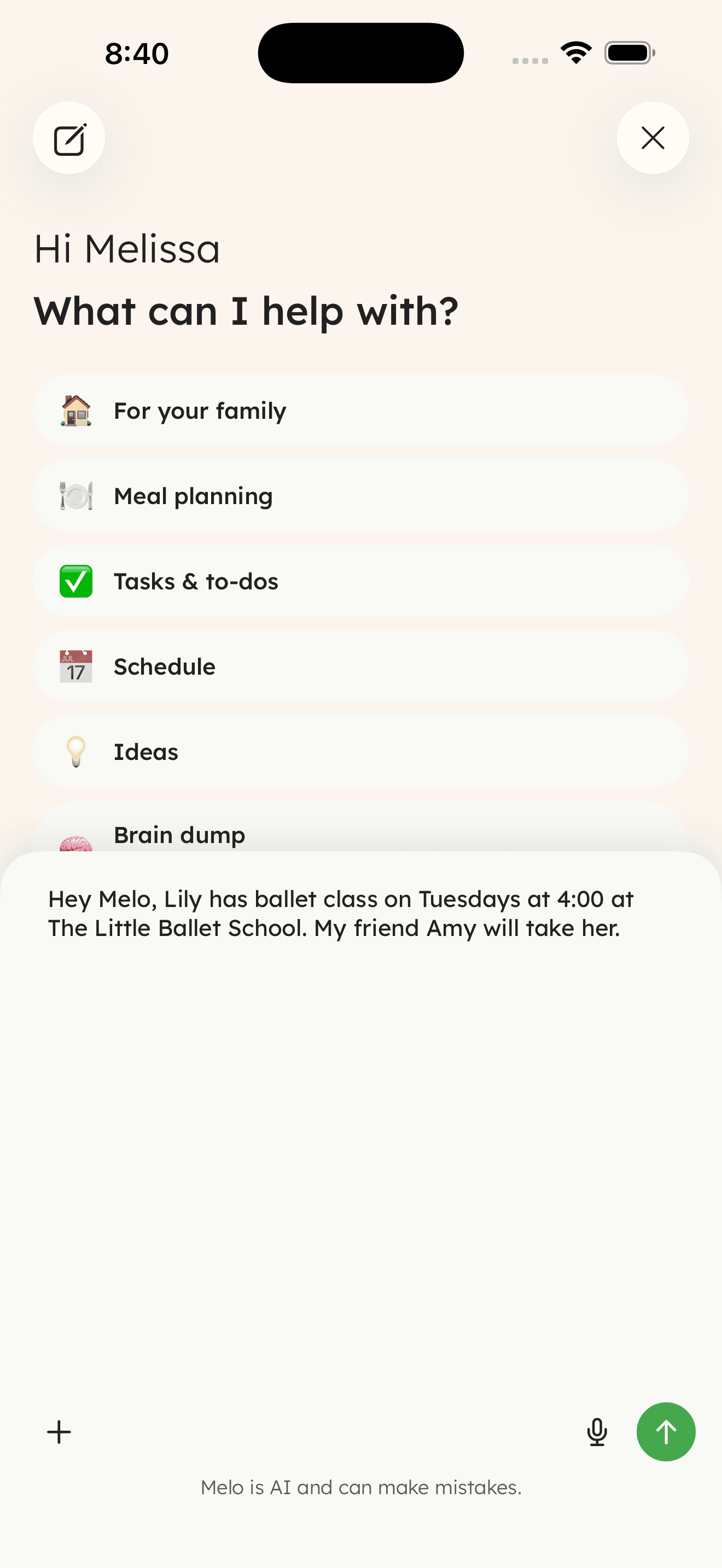 The Melo app on a phone showing the melo assistant