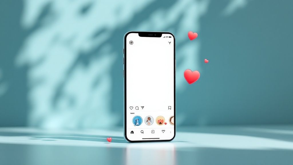 A smartphone displaying an Instagram profile with engagement metrics like likes and comments highlighted