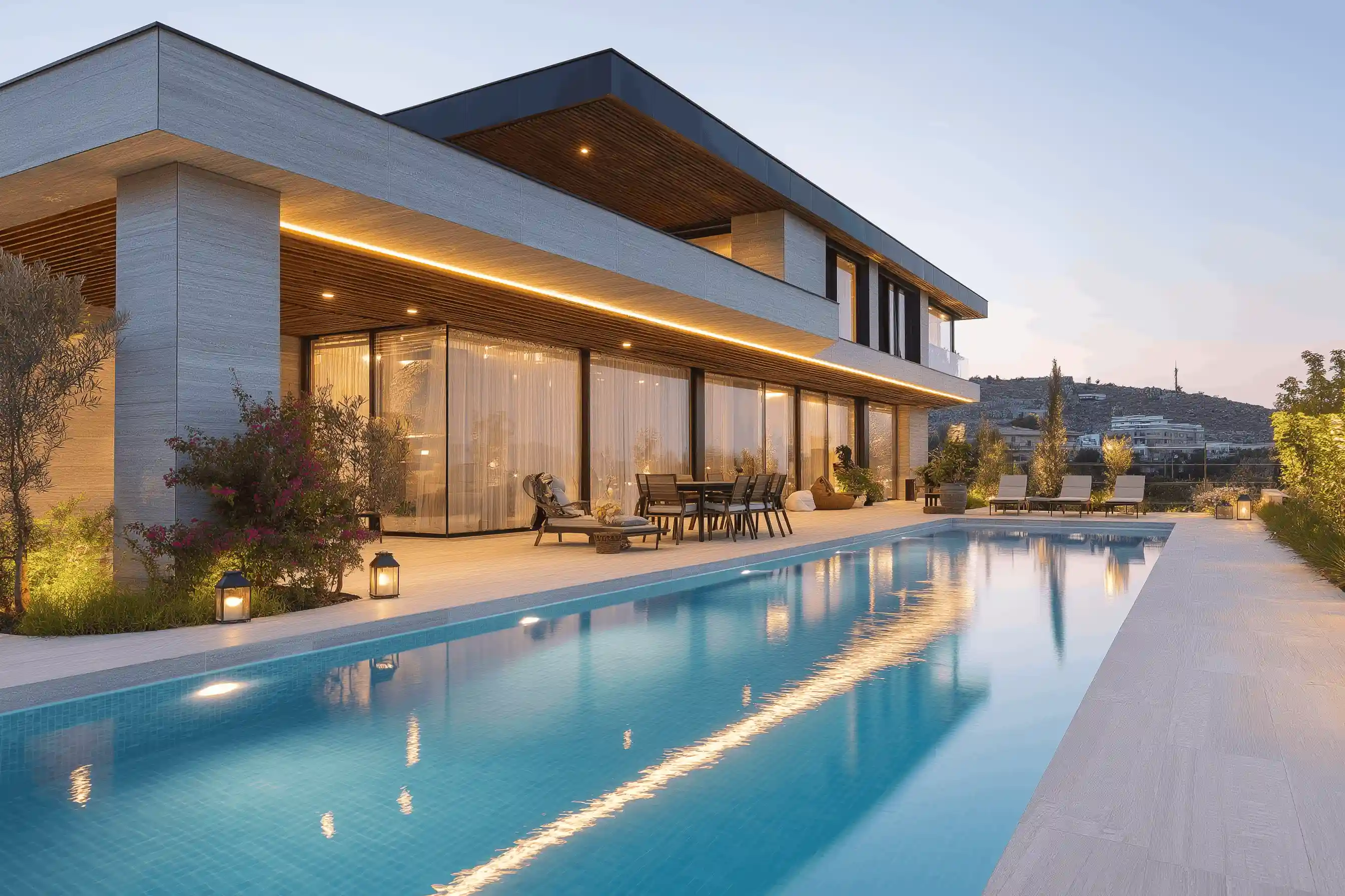 An architectural photograph of a luxury contemporary home during the golden hour. The house features flat roofs, stone cladding, and floor-to-ceiling glass walls. Under-cabinet lighting illuminates the outdoor patio area. A turquoise lap pool stretches across the foreground, while a silhouette of a hill is visible in the background under a soft evening sky.