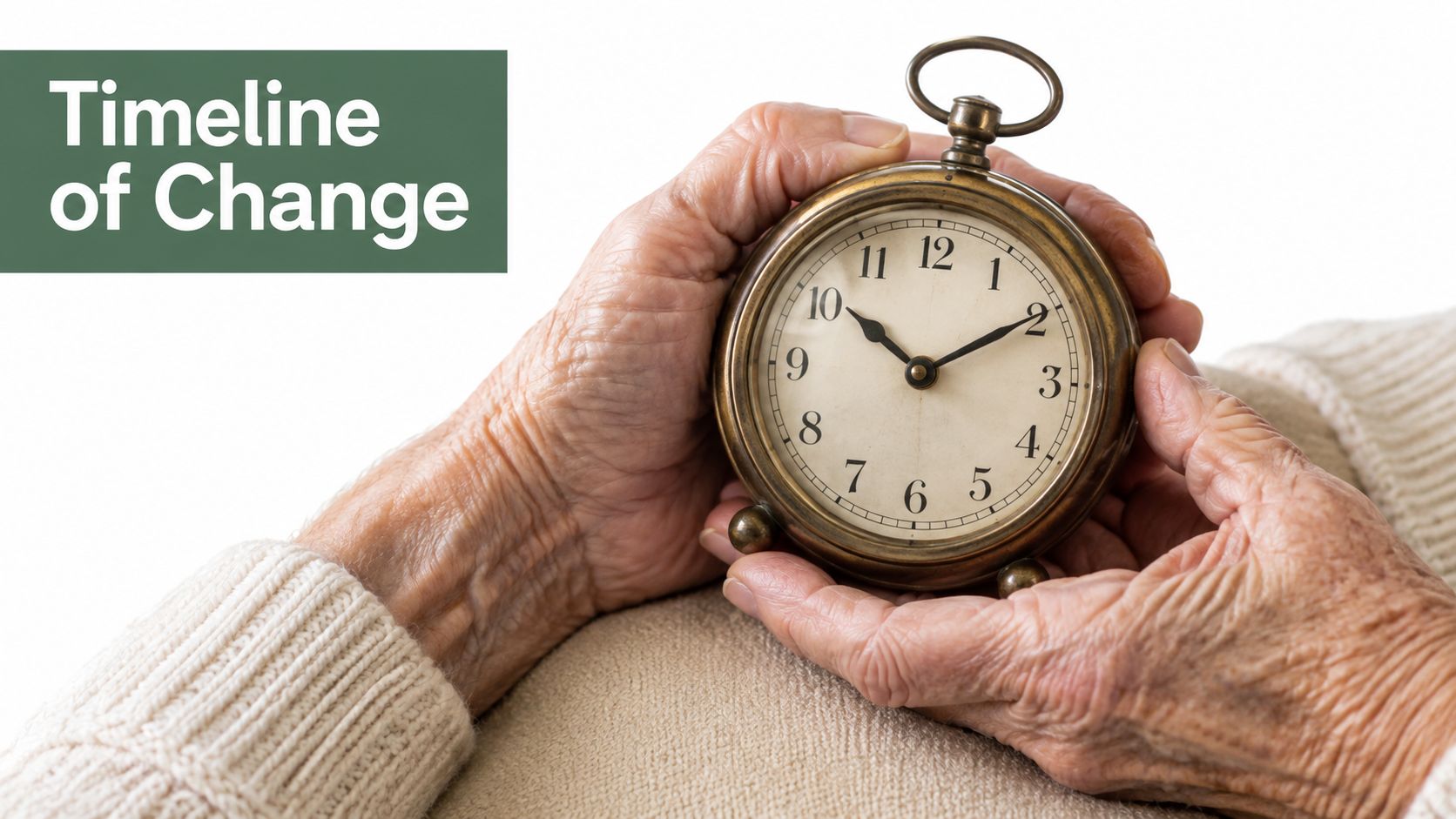 An elderly person holding an antique clock, symbolizing the concept of time and aging.