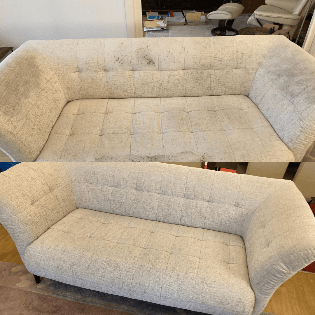 Blick auf ein helles Stoffsofa vor und nach der Polsterreinigung – Entfernung von tiefen Flecken und auffrischendes Ergebnis.