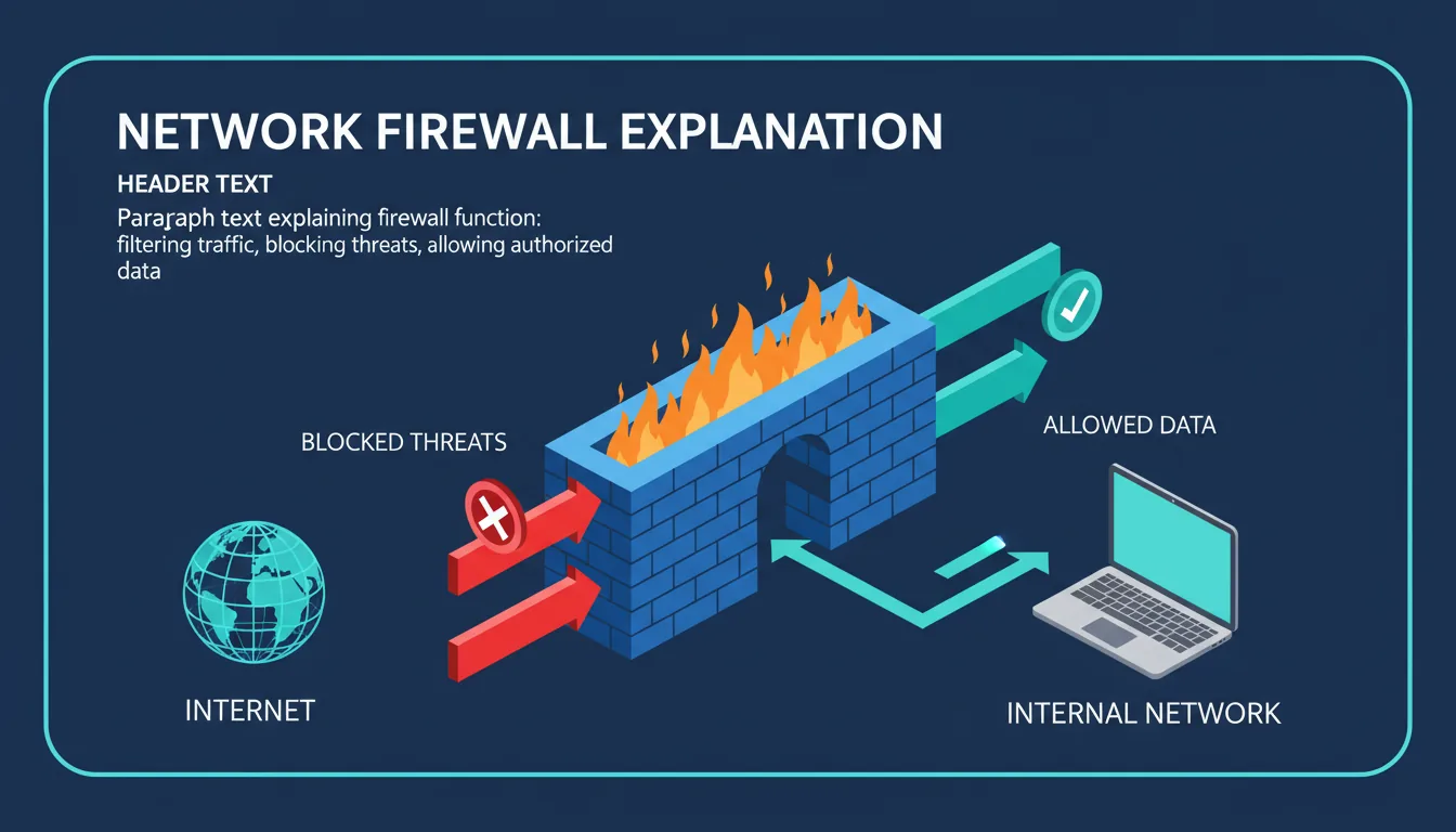 An educational vector infographic in an isometric view, explaining the concept of a network firewall. The scene is set on a dark navy blue background, framed by a thin, light-blue rounded rectangle. In the center is an isometric blue brick wall with stylized orange flames on it. On the left, a cyan wireframe globe icon representing the 'Internet' sends two thick arrows toward the wall: a red arrow that is blocked, and a cyan arrow that passes through. On the right, a simple isometric grey laptop with a glowing cyan screen represents the 'internal network', connected to the firewall with a two-way cyan arrow. Minimalist flat design with a clean, technical aesthetic. The diagram includes simple icons like a checkmark and a 'do not enter' sign, along with placeholders for header and paragraph text.