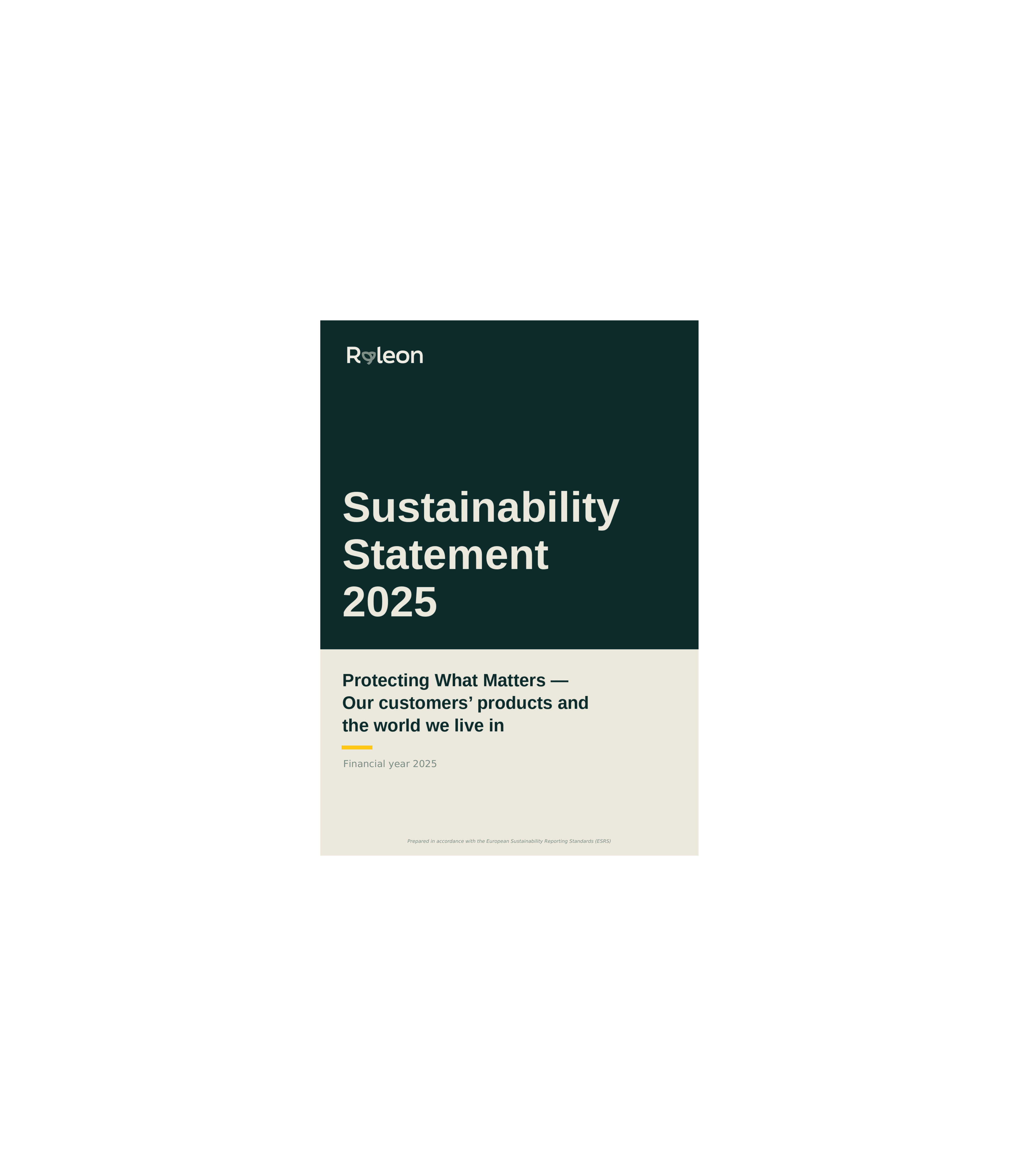 Cover page of the Ryleon Sustainability Statement 2025. Features the Ryleon logo in the top left on a dark green background, with the title 'Sustainability Statement 2025' in large white bold text. Below, on a cream background, the tagline reads 'Protecting What Matters — Our customers' products and the world we live in', accompanied by a yellow accent line and the text 'Financial year 2025'. A note at the bottom states the report is prepared in accordance with the European Sustainability Reporting Standards (ESRS).