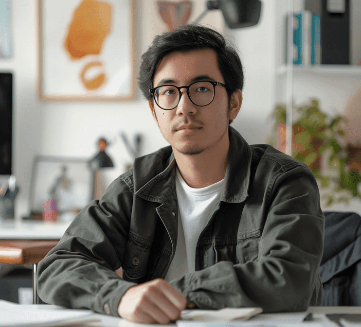 A young man wearing glasses sits at a desk, focused on his work with a laptop and notebooks around him.