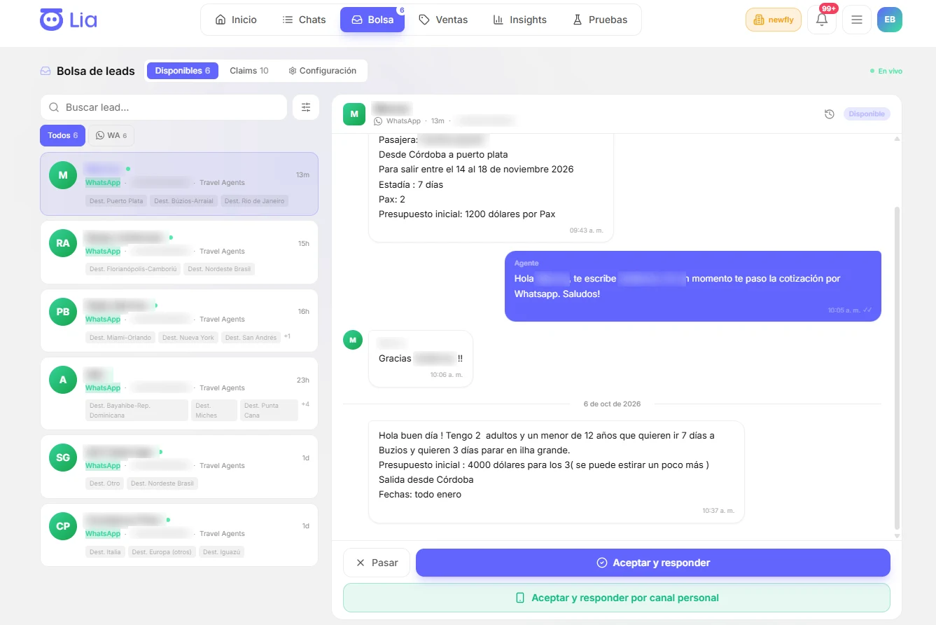 Bolsa de leads de LIA con consultas de WhatsApp disponibles para que un vendedor las acepte y responda, con los datos personales de los contactos difuminados