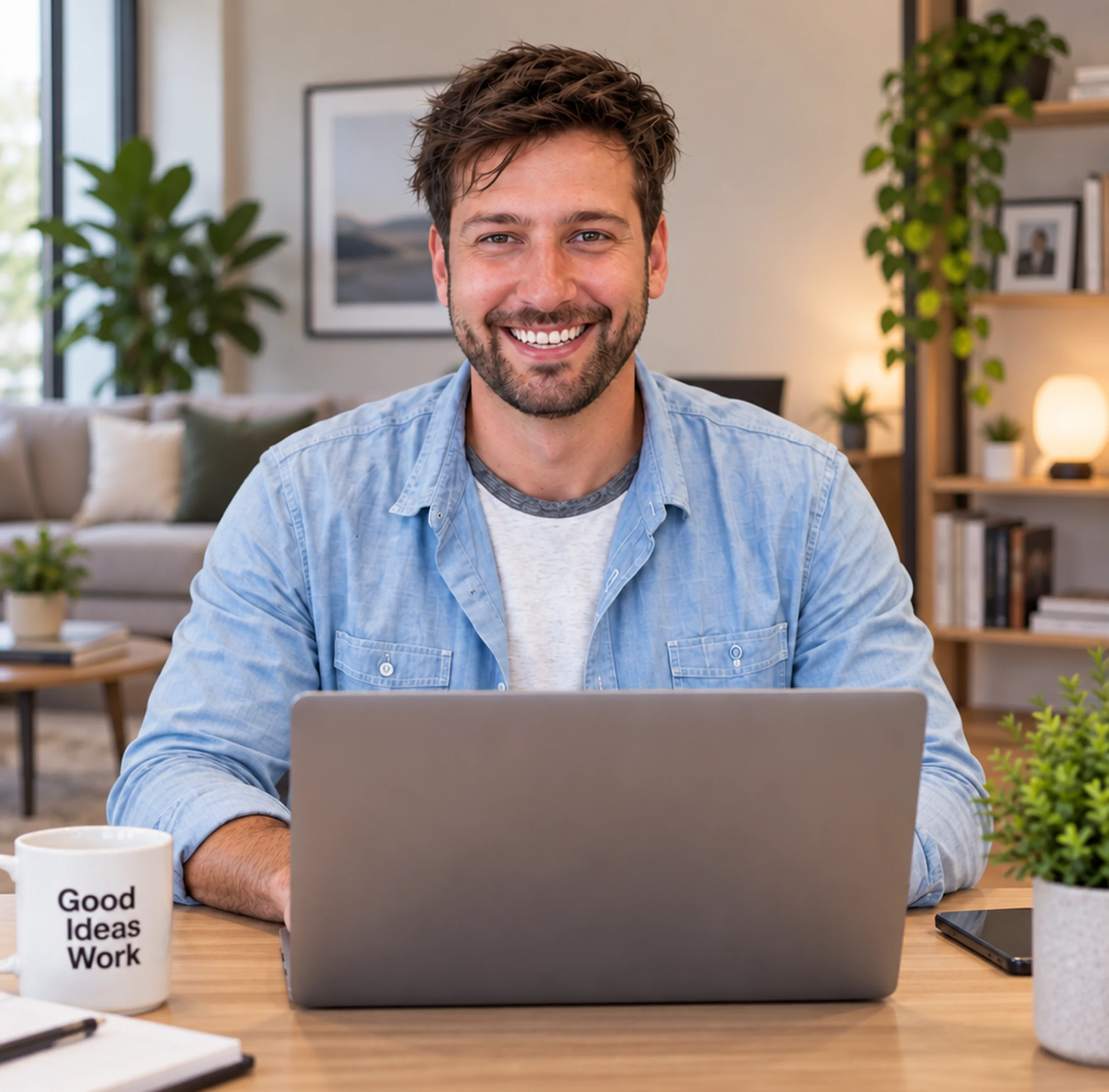 Jave Carter smiling behind his laptop in his home office.