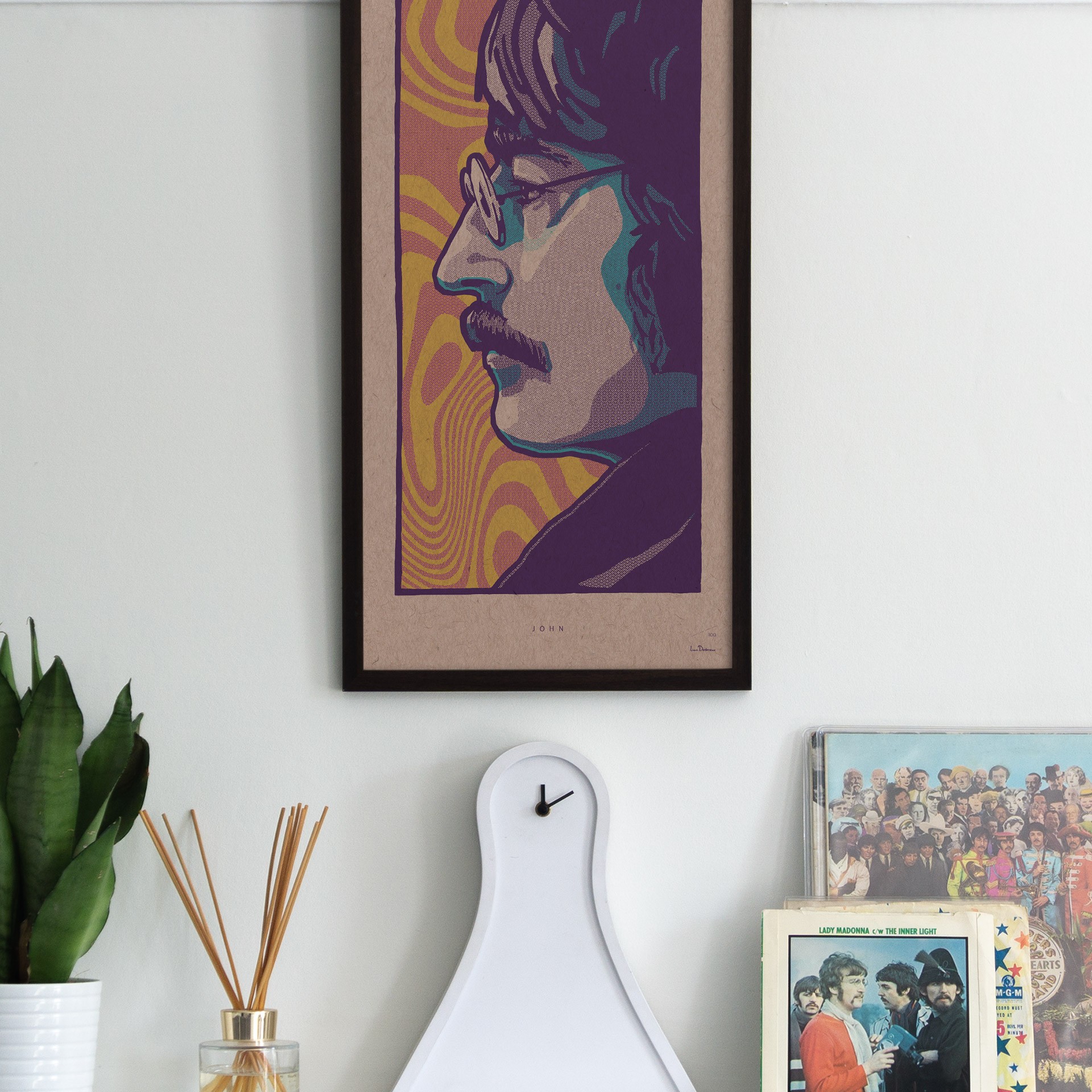 Photo showing limited edition screenprint illustration of John Lennon of The Beatles