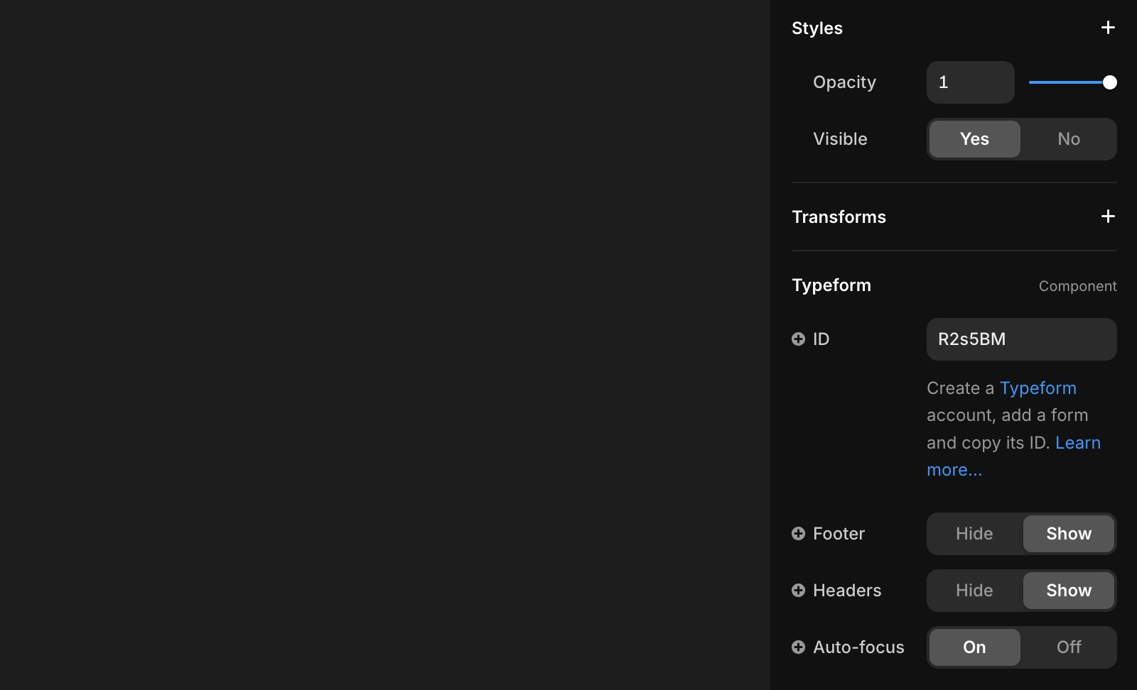 Screenshot of a settings panel for integrating Typeform into a design. The panel includes sections for 'Styles' (opacity and visibility), 'Transforms,' and a 'Typeform' component.