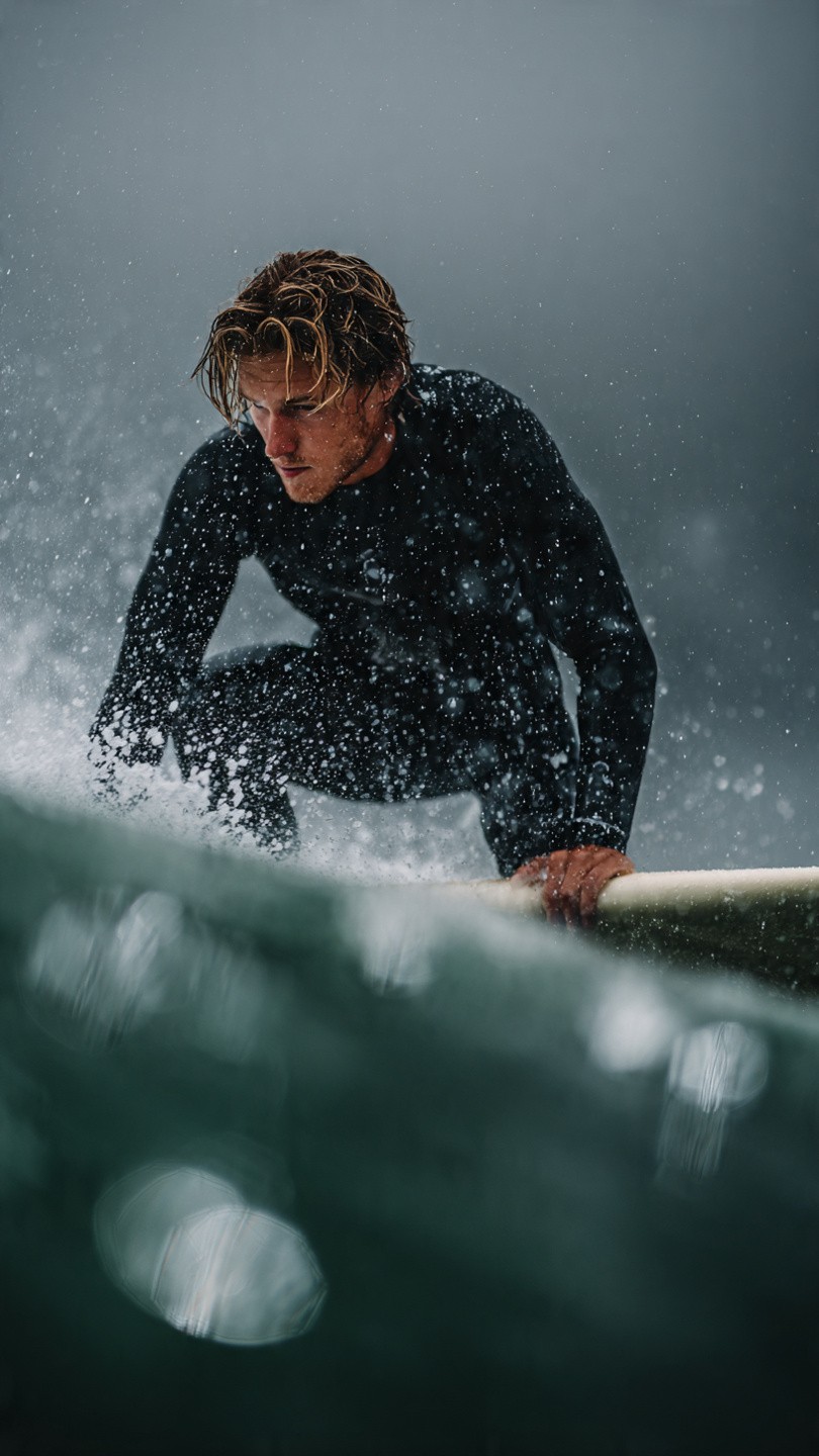 Intense close-up of a blond surfer in a black wetsuit powering through a barreling wave; snow-like sea spray flies off the lip above him, his wet hair whipping in the wind, eyes locked forward in concentration as the wave curls over.
