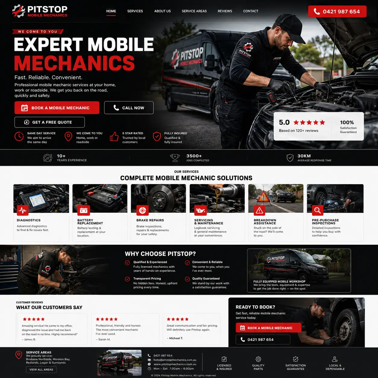 Mobile mechanic working under a car bonnet next to a branded Pitstop van — expert mobile mechanic services homepage for Brisbane and surrounding areas