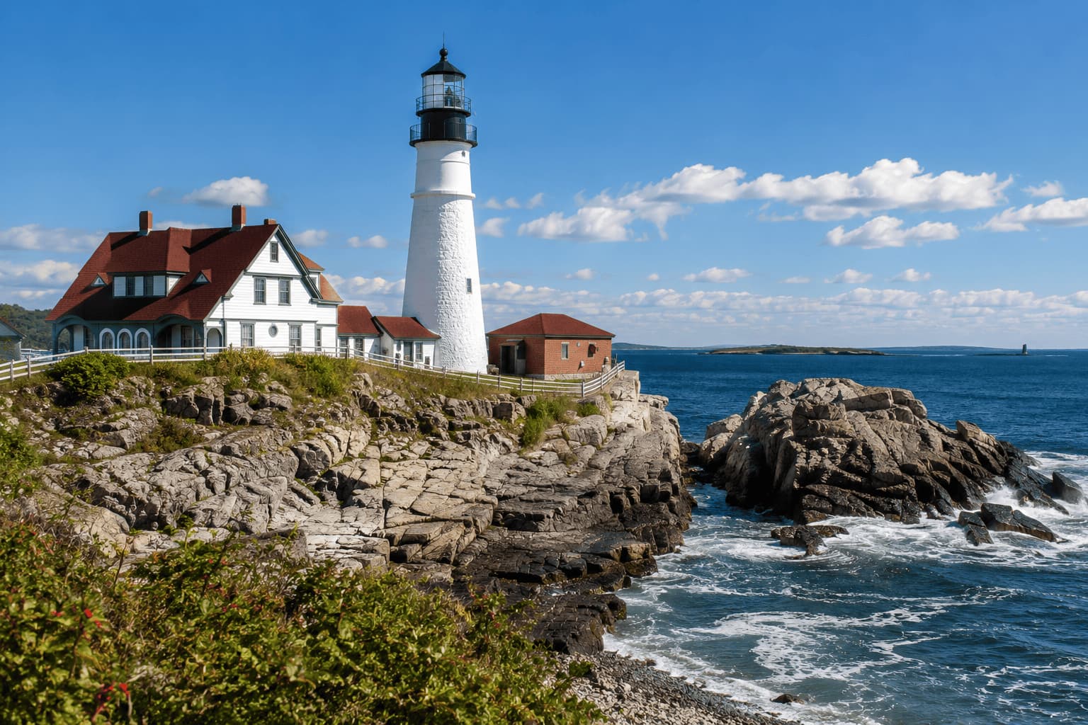 Portland Head Light lighthouse on rocky coast with ocean view in Maine