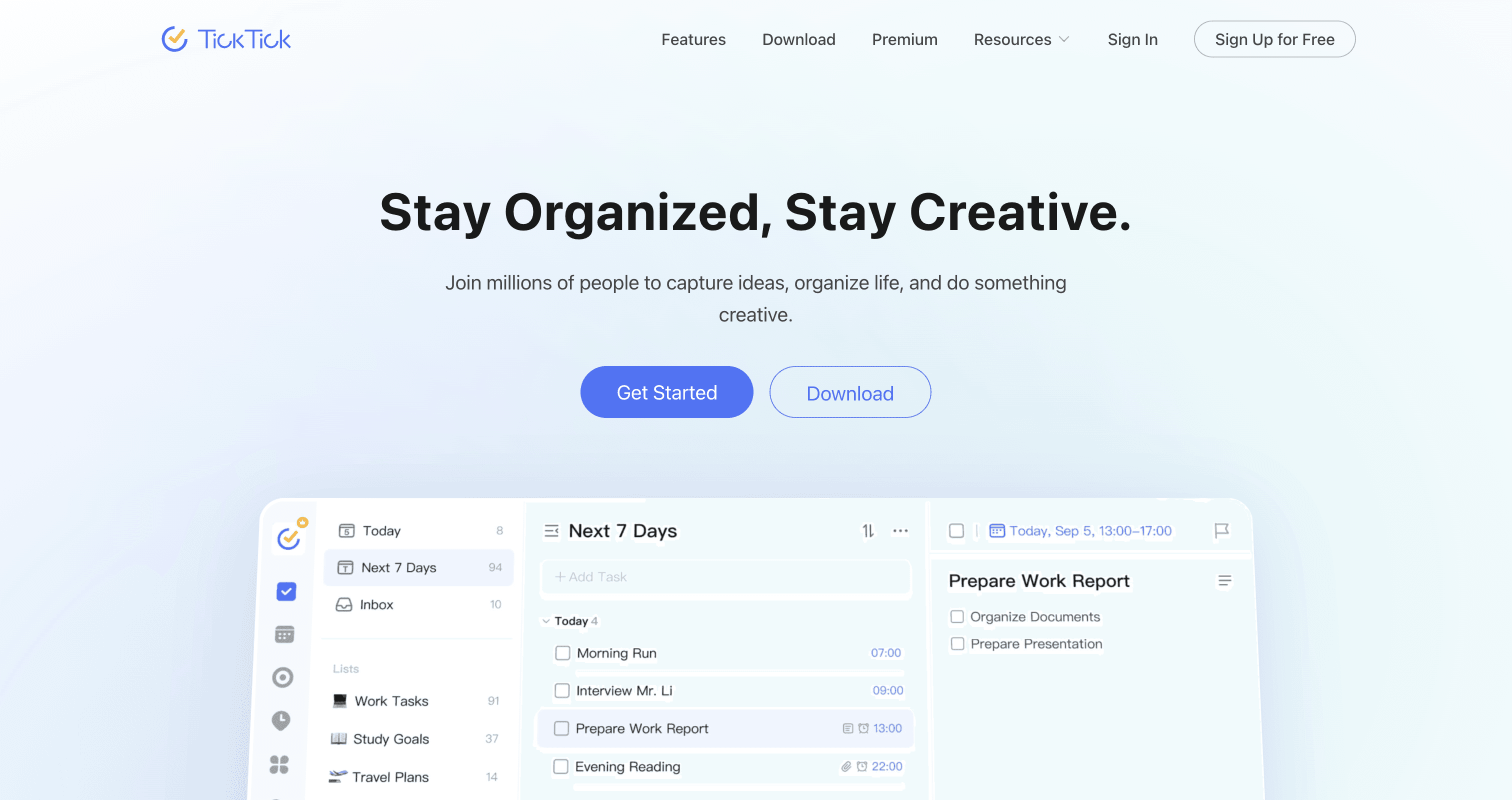 TickTick homepage presenting an app for organizing tasks, goals, and schedules.