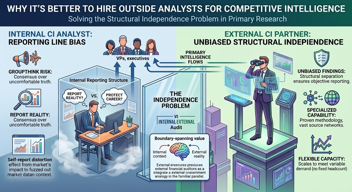 An infographic comparing internal competitive intelligence (CI) analysts and external partners.