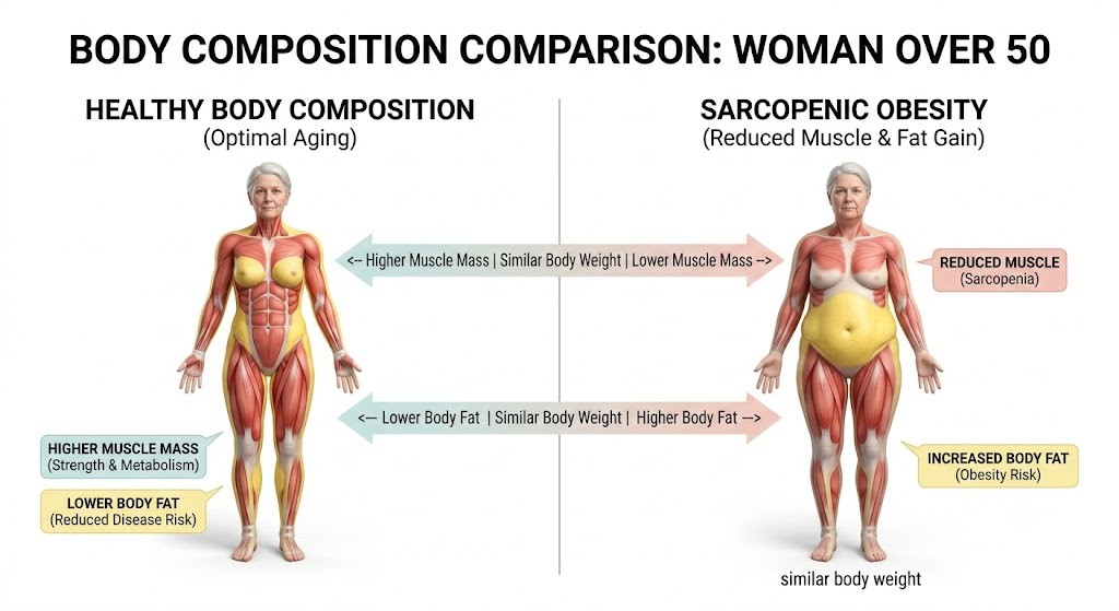 A comparative medical illustration for women over 50, contrasting a healthy body composition (higher muscle mass, lower fat) with sarcopenic obesity (reduced muscle mass, increased body fat), shown using 3D anatomical models on a clean background.