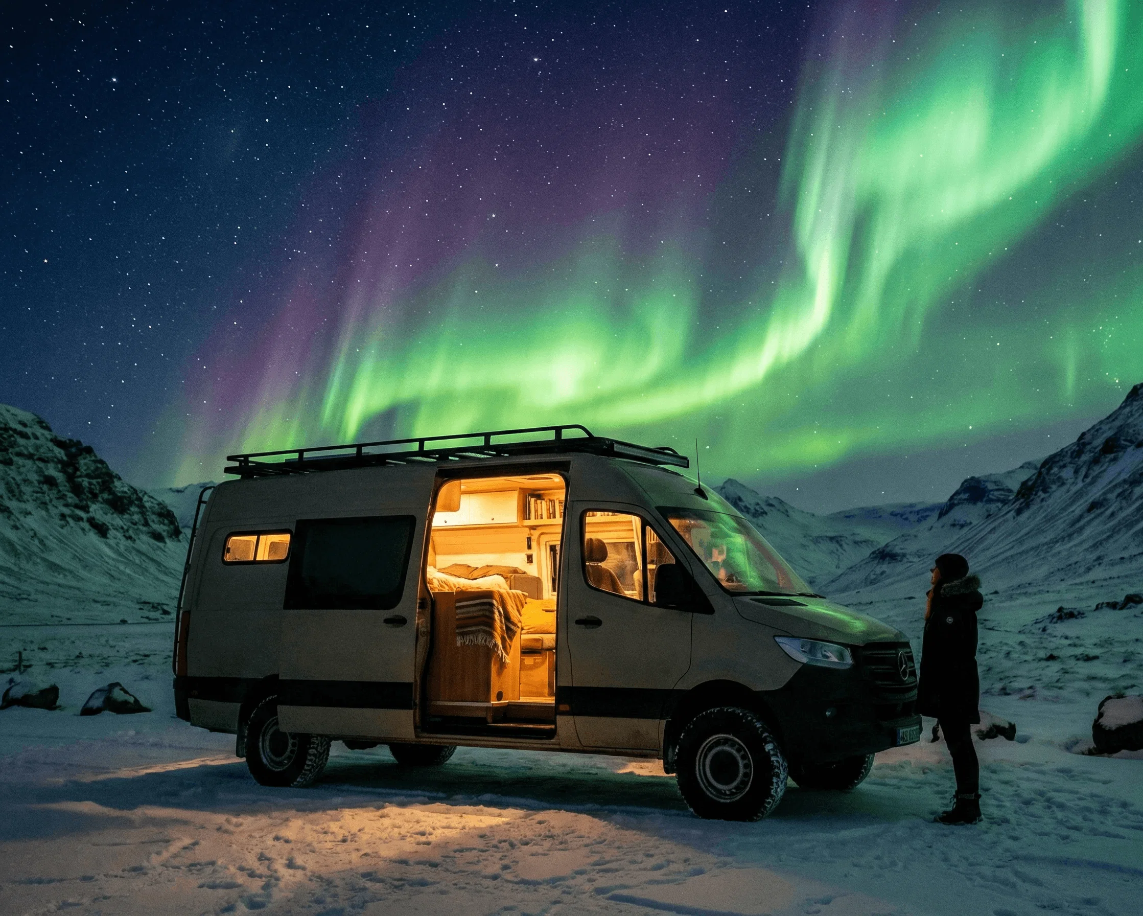 A camper van parked in a snowy landscape with its interior lit up, under vibrant green northern lights in the night sky.