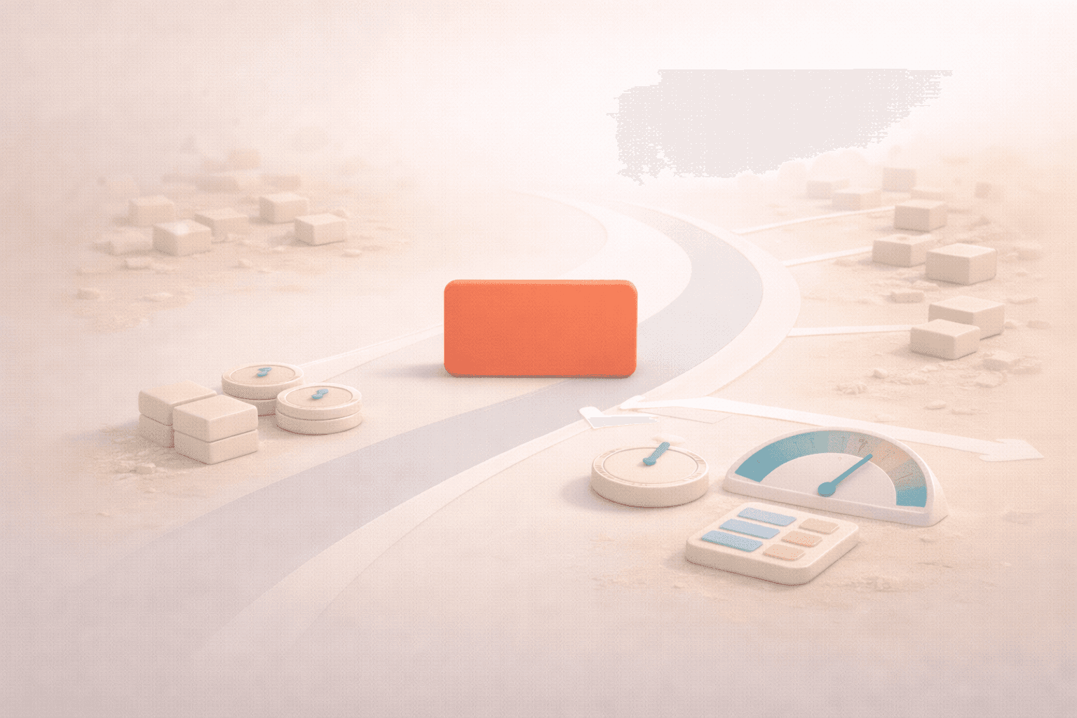 Minimalistische 3D-Illustration einer korallfarbenen Fokuskarte auf einem klaren Hauptpfad, während mehrere helle Aufgaben-Elemente seitlich abzweigen und verblassen, ergänzt durch dezente Wertanzeige, Timer-Symbol und strukturierte Chips, die umsatzrelevante Prioritäten gegenüber unwichtiger Beschäftigung darstellen.