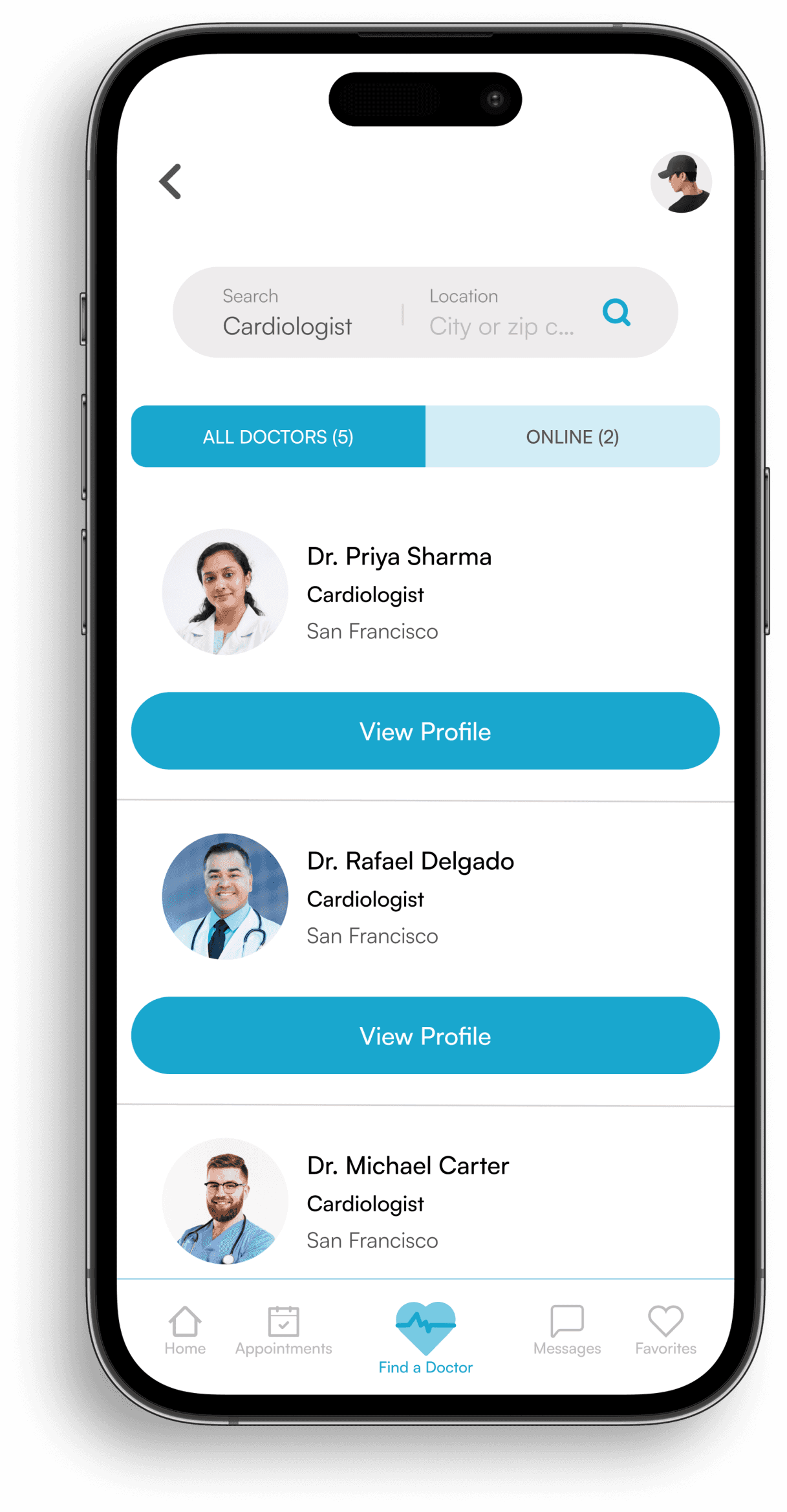 Search screen showing a list of doctors.