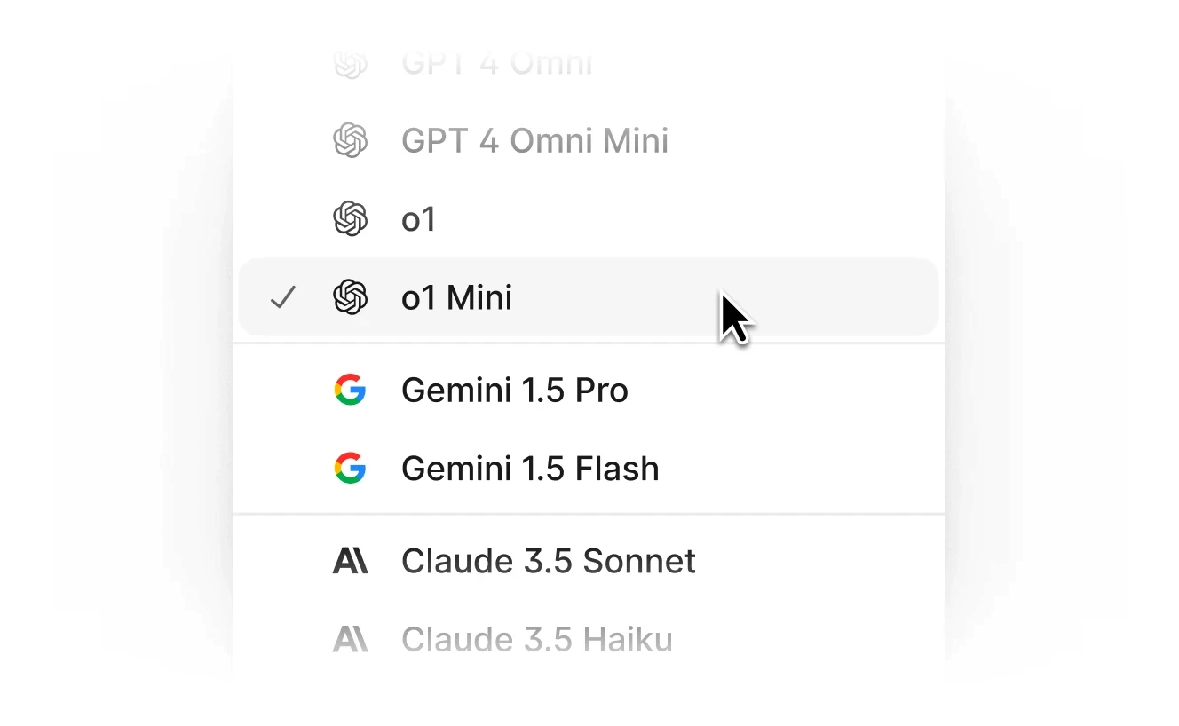 A dropdown menu interface displaying model options for AI tasks
