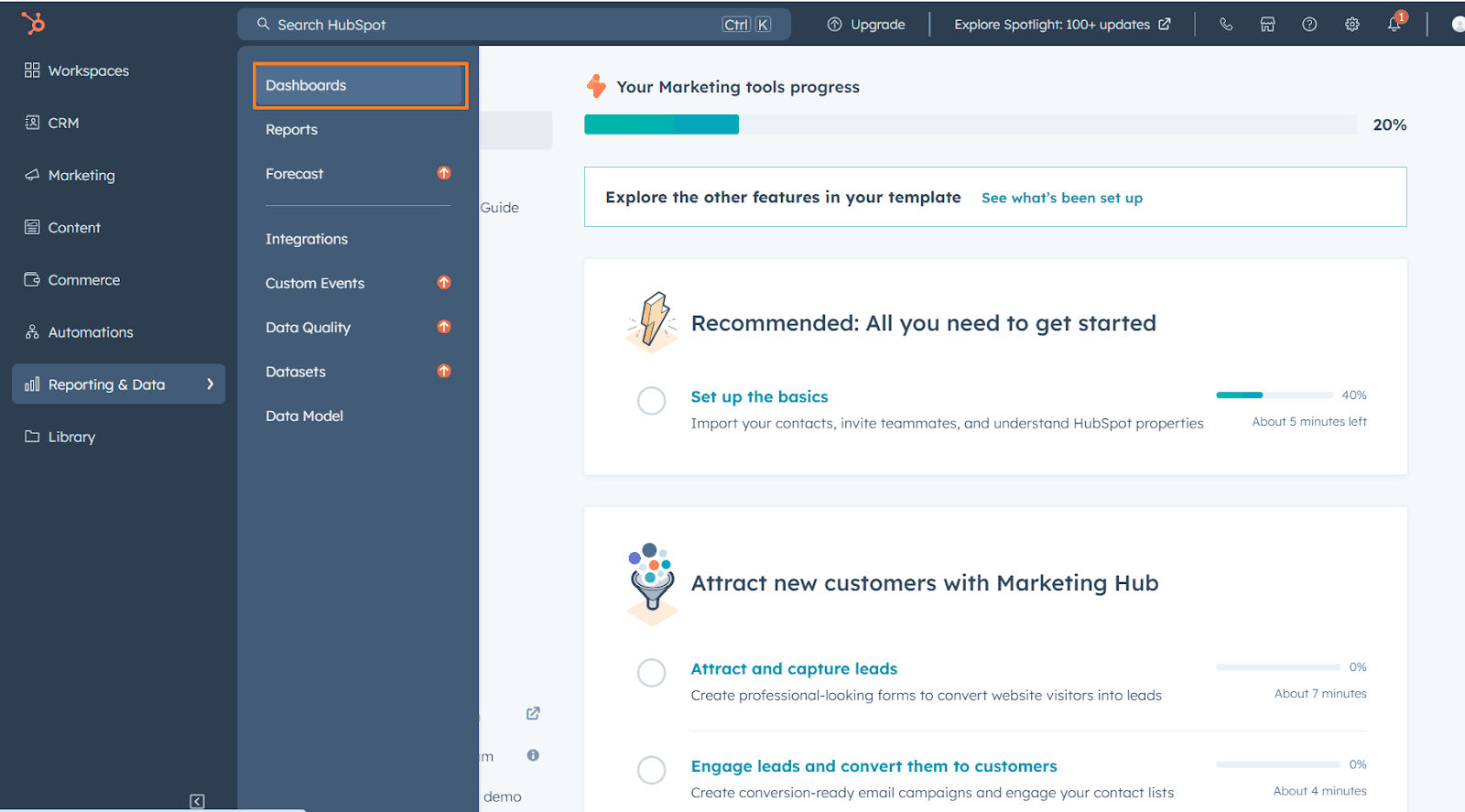 Log in to your HubSpot account and navigate to Reporting & Data > Dashboards