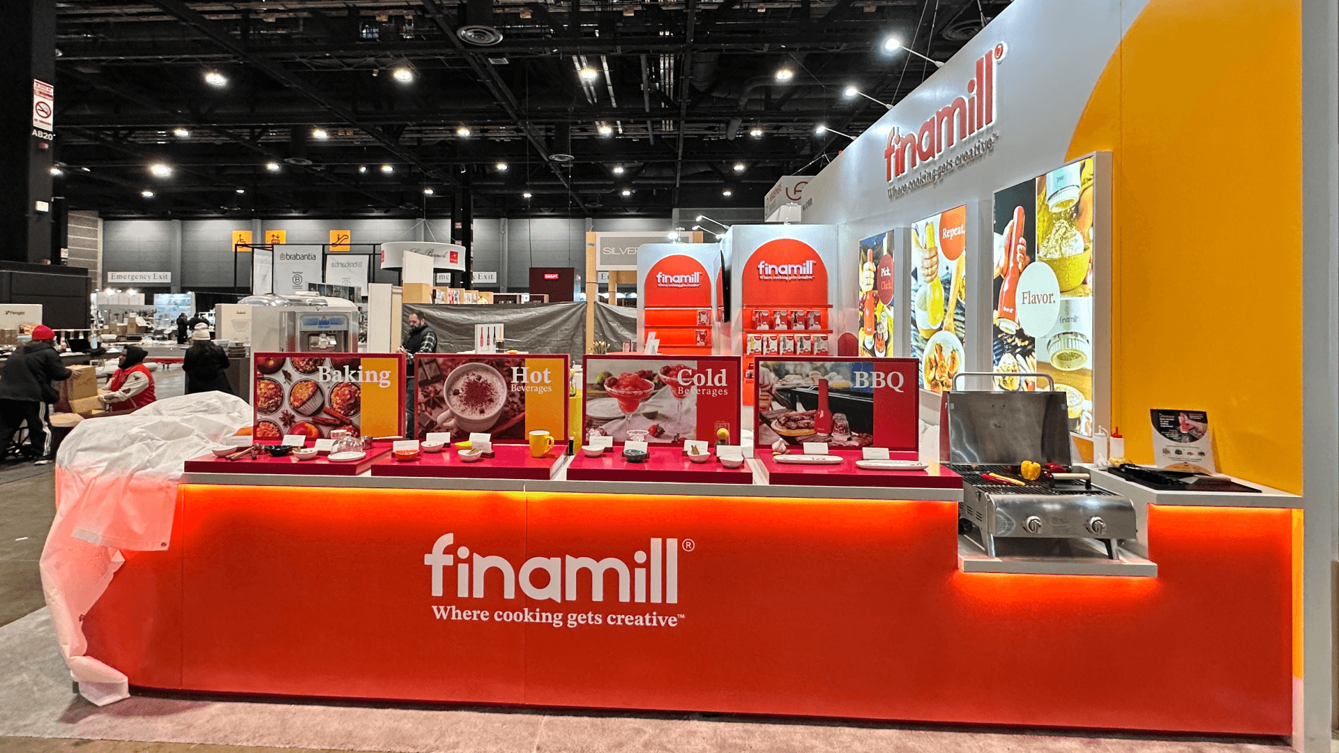 Finamill IHS 2025 20x30 display at McCormick Place — BBQ and baking use-case counter with surface protection and demo replenishment flow