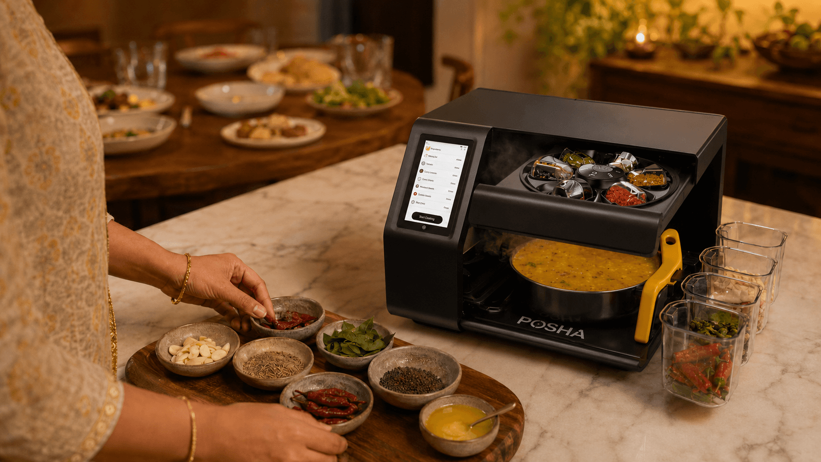 Posha self-cooking stove simmering dal while cook prepares tadka ingredients