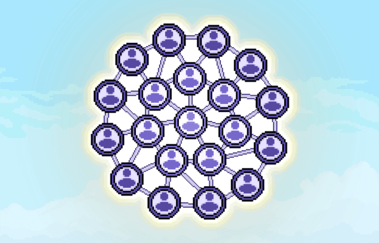 Pixel-art of connected user icons in a glowing yellow circle, against a cloudy sky. On hover, a GIF plays: Twenty purple user icons appear and are connected by lines. A large yellow glow forms around the interconnected group.