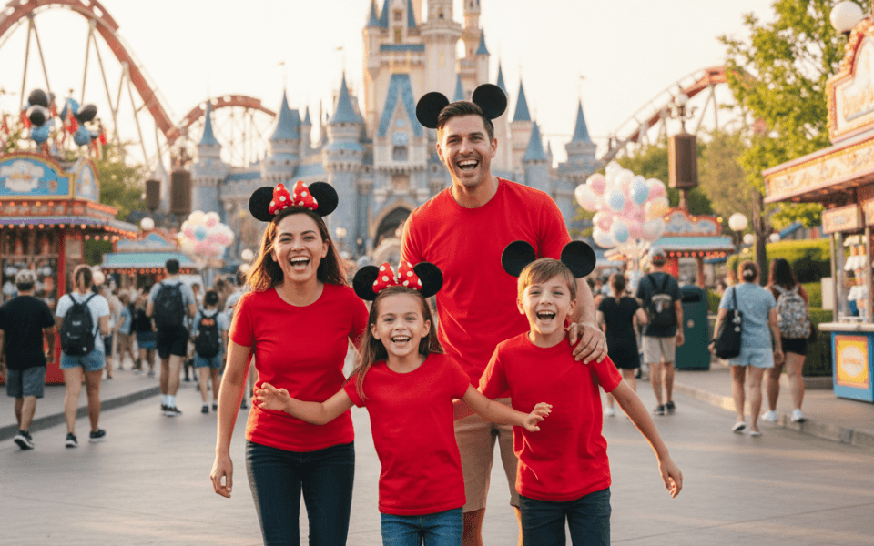 Family on vacation at a theme park, showing how Kina helps **earn rewards on parenting expenses