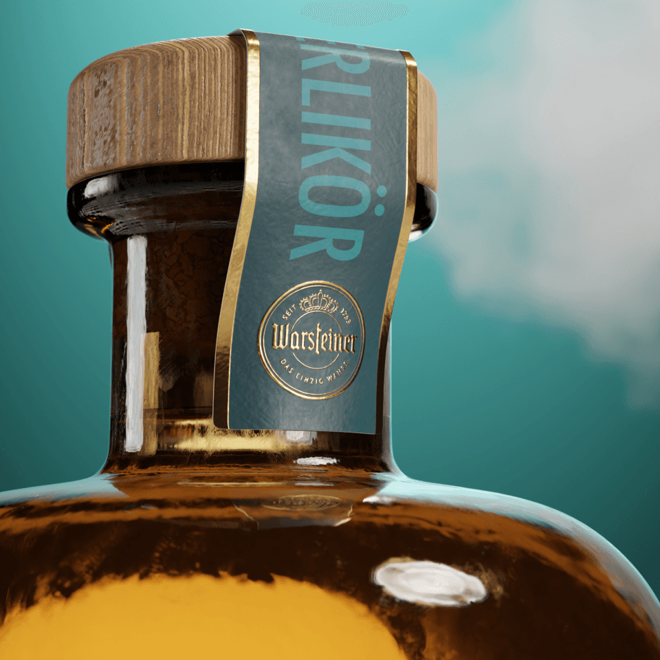 Warsteiner Beer Liqueur detailed view – label with floral and symbolic illustrations