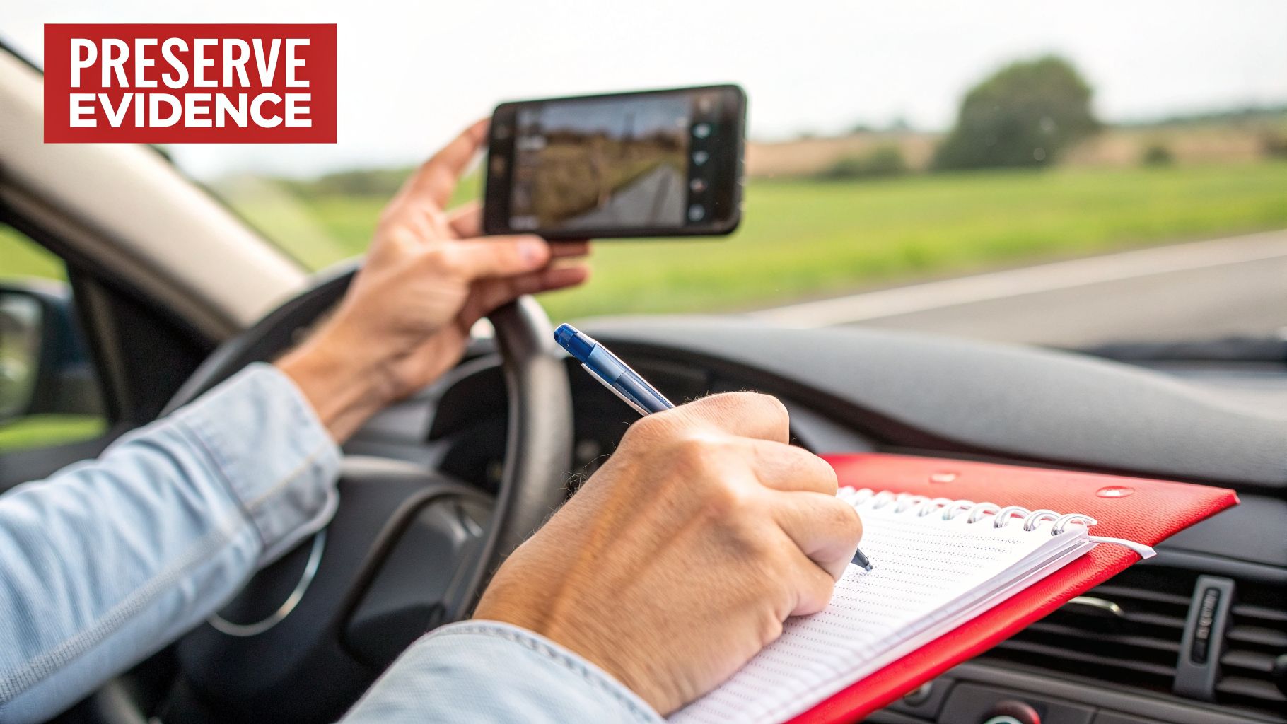A person records the road with a smartphone and writes notes in a car, emphasizing preserving evidence.