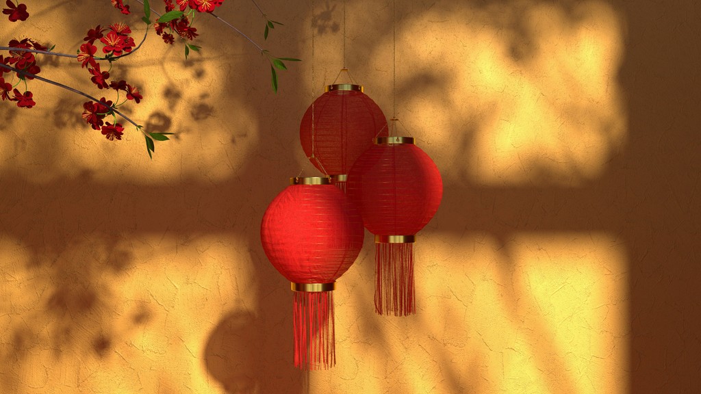 Three red lanterns hanging against a warm yellow wall, with shadows of cherry blossoms in the background, capturing the essence of traditional Asian decor and festive celebration.