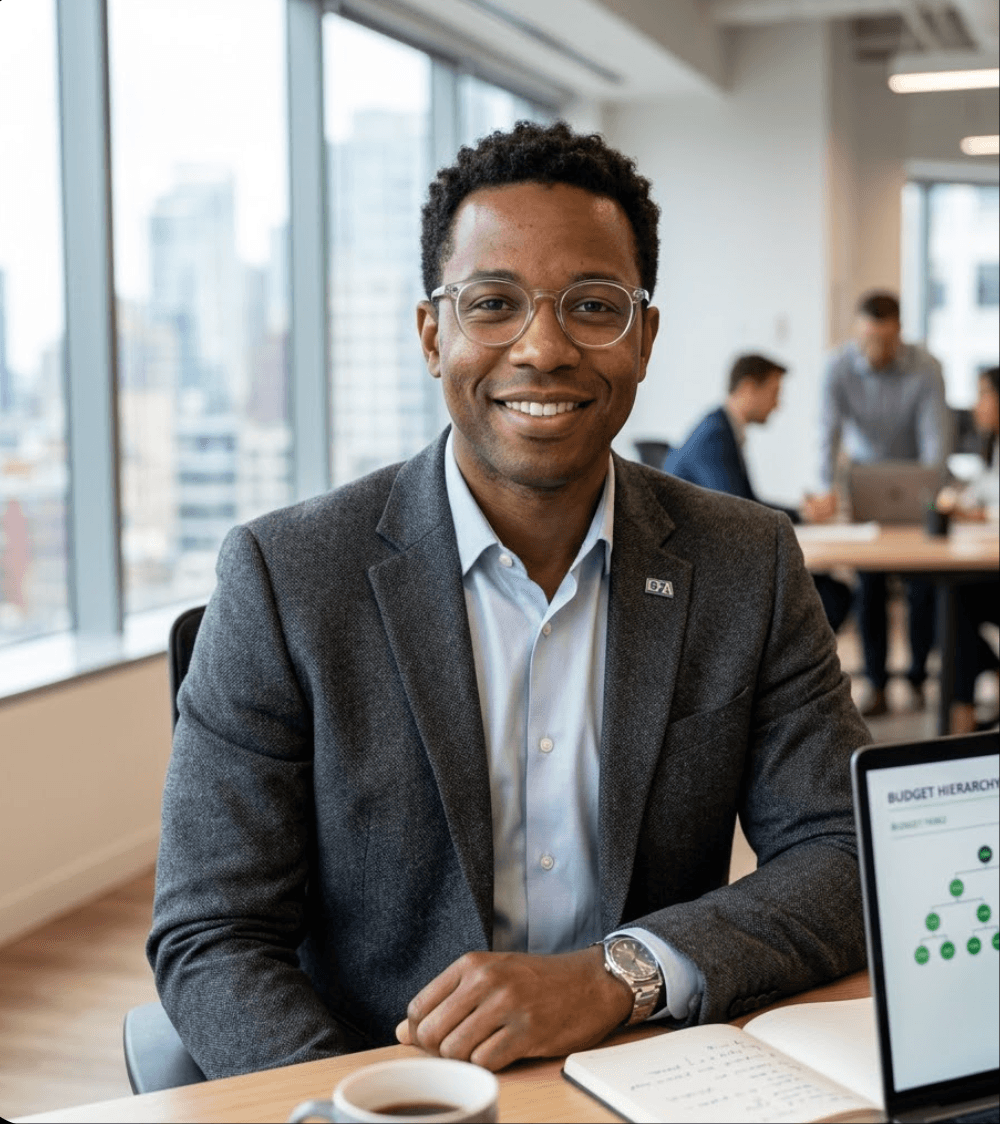 Senior Financial Analyst reviewing a budget hierarchy built quickly using a tree table
