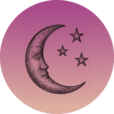 Crescent moon and stars icon on a purple-peachy circular background.