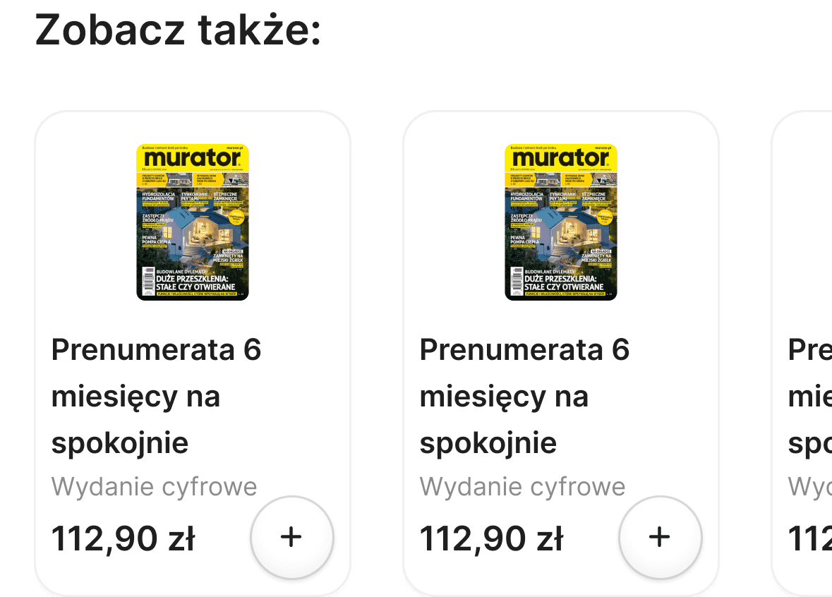 A product recommendation carousel titled 'Zobacz także' (See also) for the Murator store. It features multiple clean, white product cards, each displaying a digital subscription cover, the title 'Prenumerata 6 miesięcy na spokojnie', a price of 112,90 zł, and a circular plus icon for quick adding to the cart.