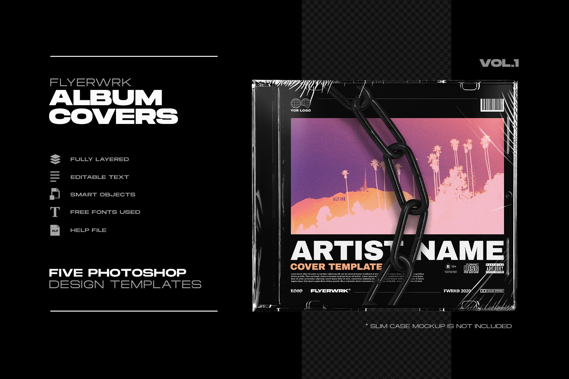 Cover design templates volume one features list including smart objects and fully layered Photoshop files