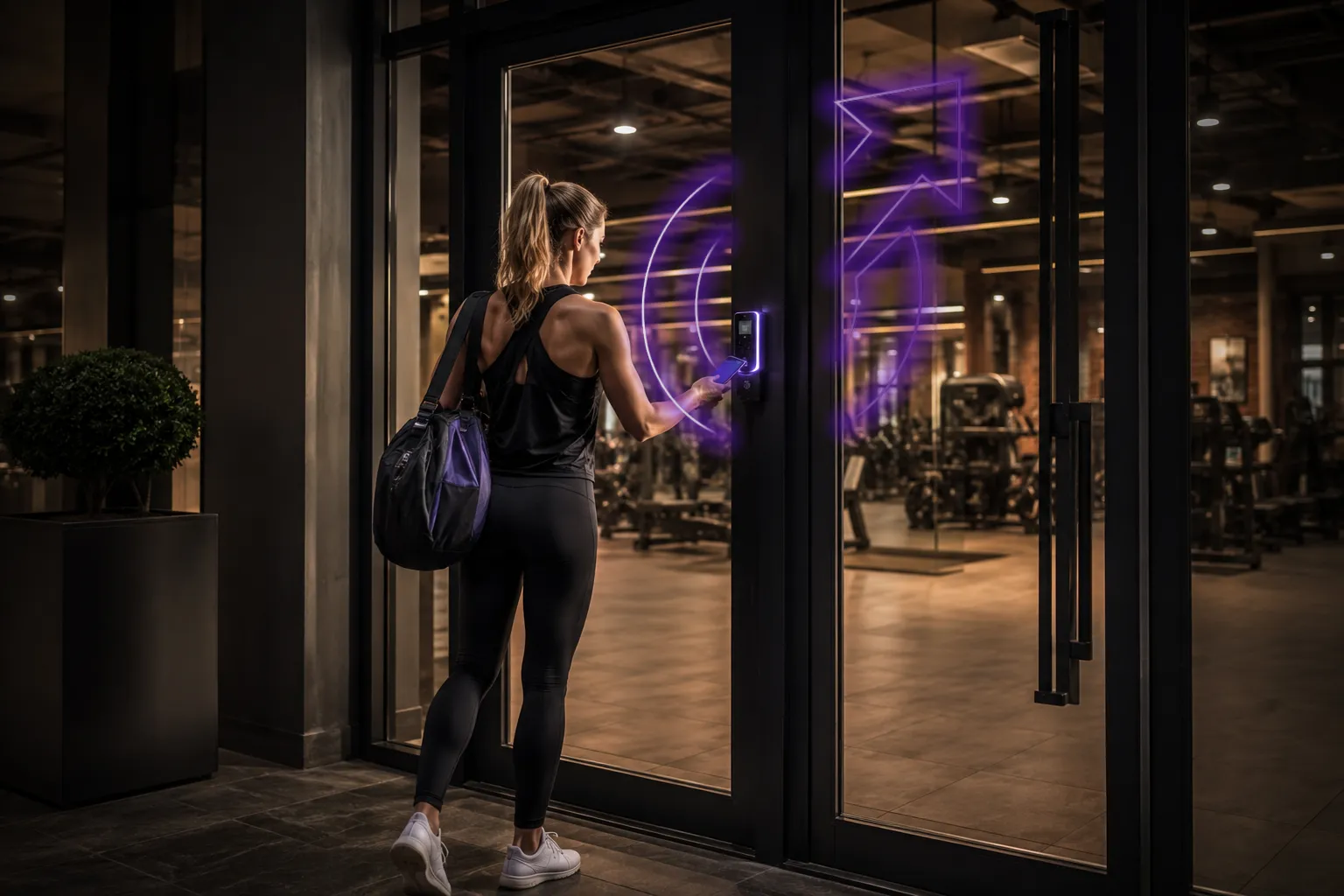 Femme prêt à l'entrainement en train d'avoir accès au gym et utilise un système sophistiqué de contrôle d'accès.