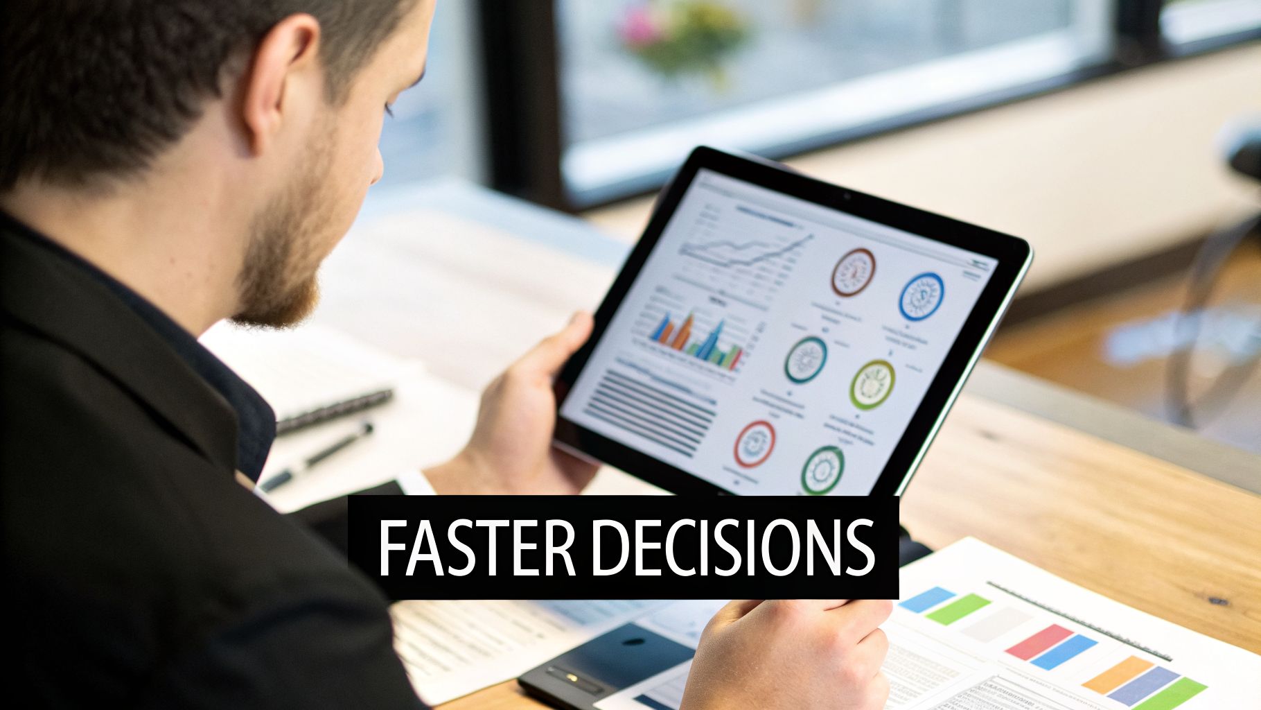 Businessman analyzing data on a tablet with dashboards for faster business intelligence decisions.