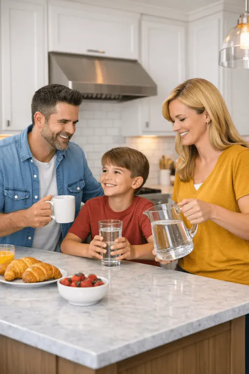 Happy family with clean drinking water in kitchen