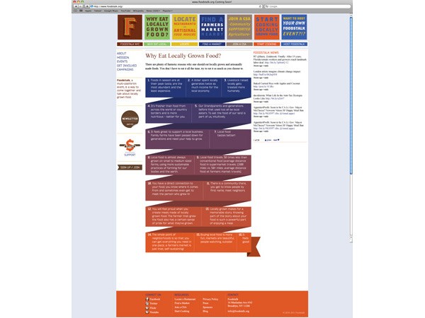 A screenshot of a website displays a navigation bar at the top with tabs including "WHY EAT LOCALLY GROWN FOOD?", "LOCATE A FARMER MARKET", "JOIN A CSA", "START GROWING LOCALLY", and "WHAT IS YOUR OWN FOODSTOCK EVENT?". Below, a section titled "FOODSTALK NEWS" lists recent events and news. The page includes a search bar, navigation links, and a footer with contact information.