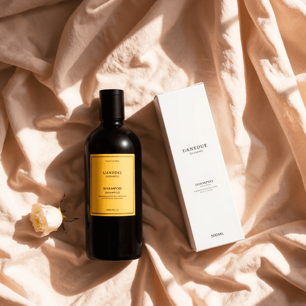 product photography of a bottle of shampoo and a box of shampoo