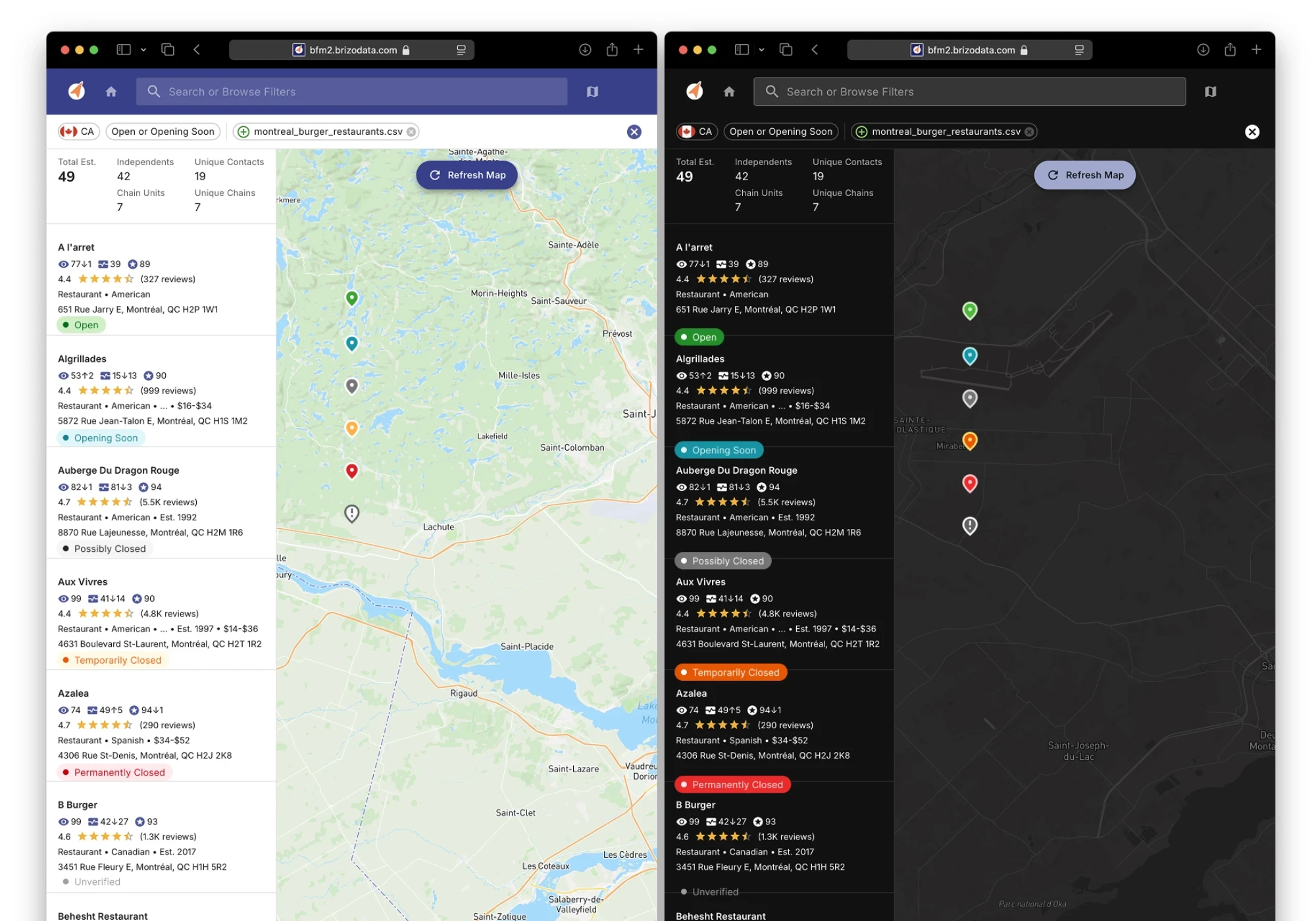 Side-by-side comparison of a map interface in light and dark modes displaying restaurant listings and color-coded operational status markers